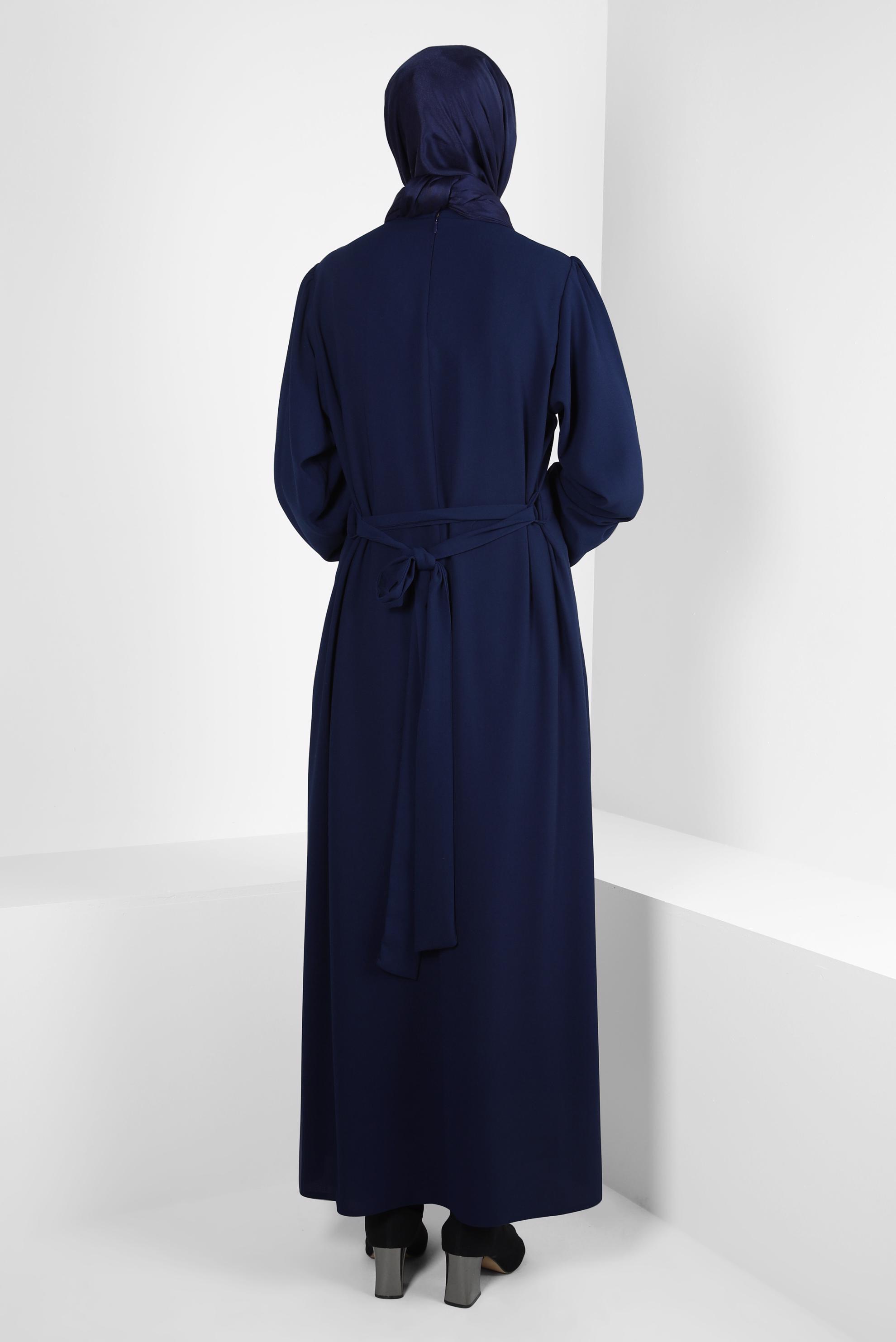 Hijab clothing NAVY BLUE BELTED DRESS WITH GEM DETAIL 44356