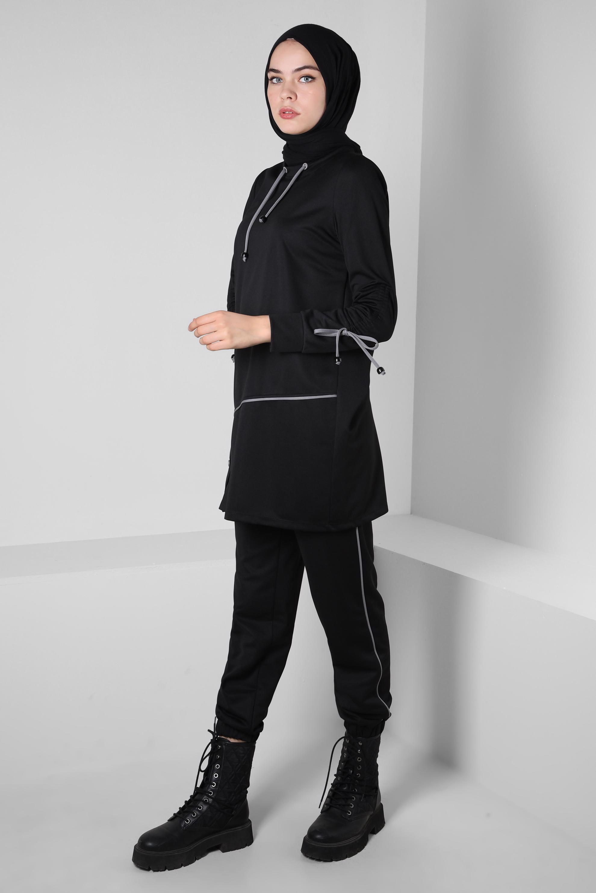 Tesettür giyim SİYAH ÖRME PANTOLONLU EŞOFMAN TAKIM 43880