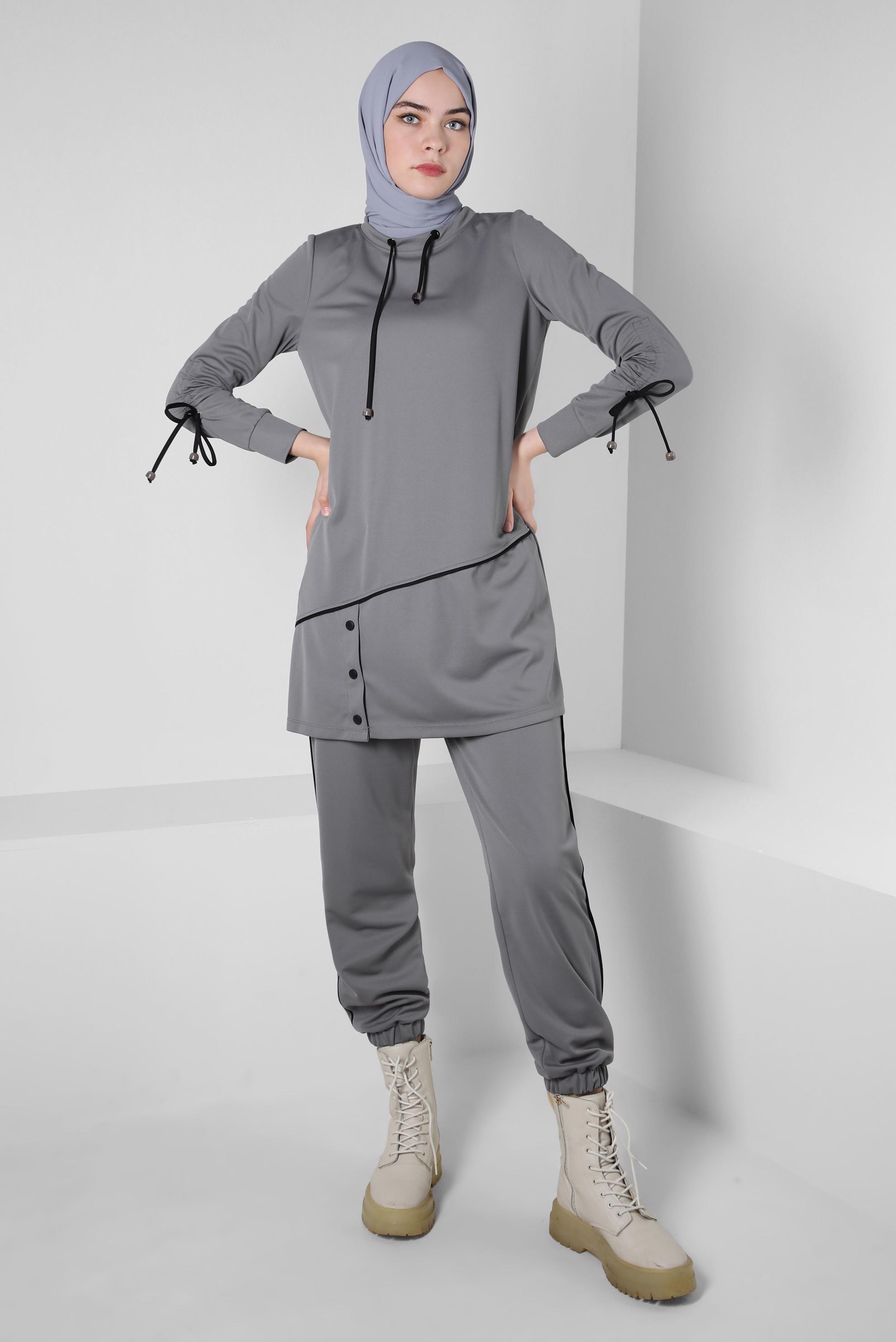 Tesettür giyim GRİ ÖRME PANTOLONLU EŞOFMAN TAKIM 43880