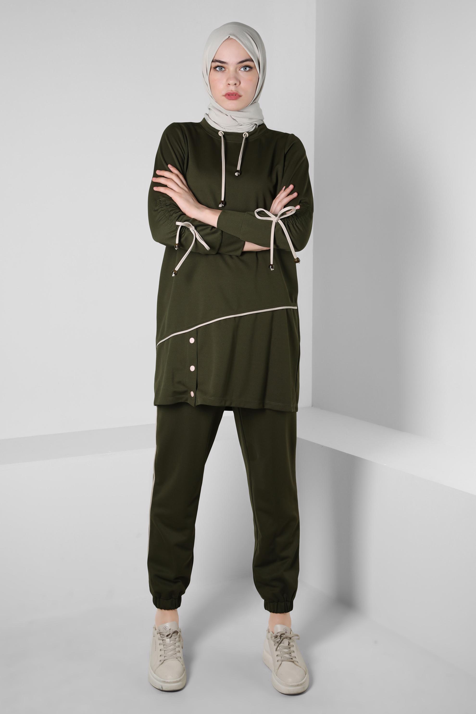 Tesettür giyim HAKİ ÖRME PANTOLONLU EŞOFMAN TAKIM 43880
