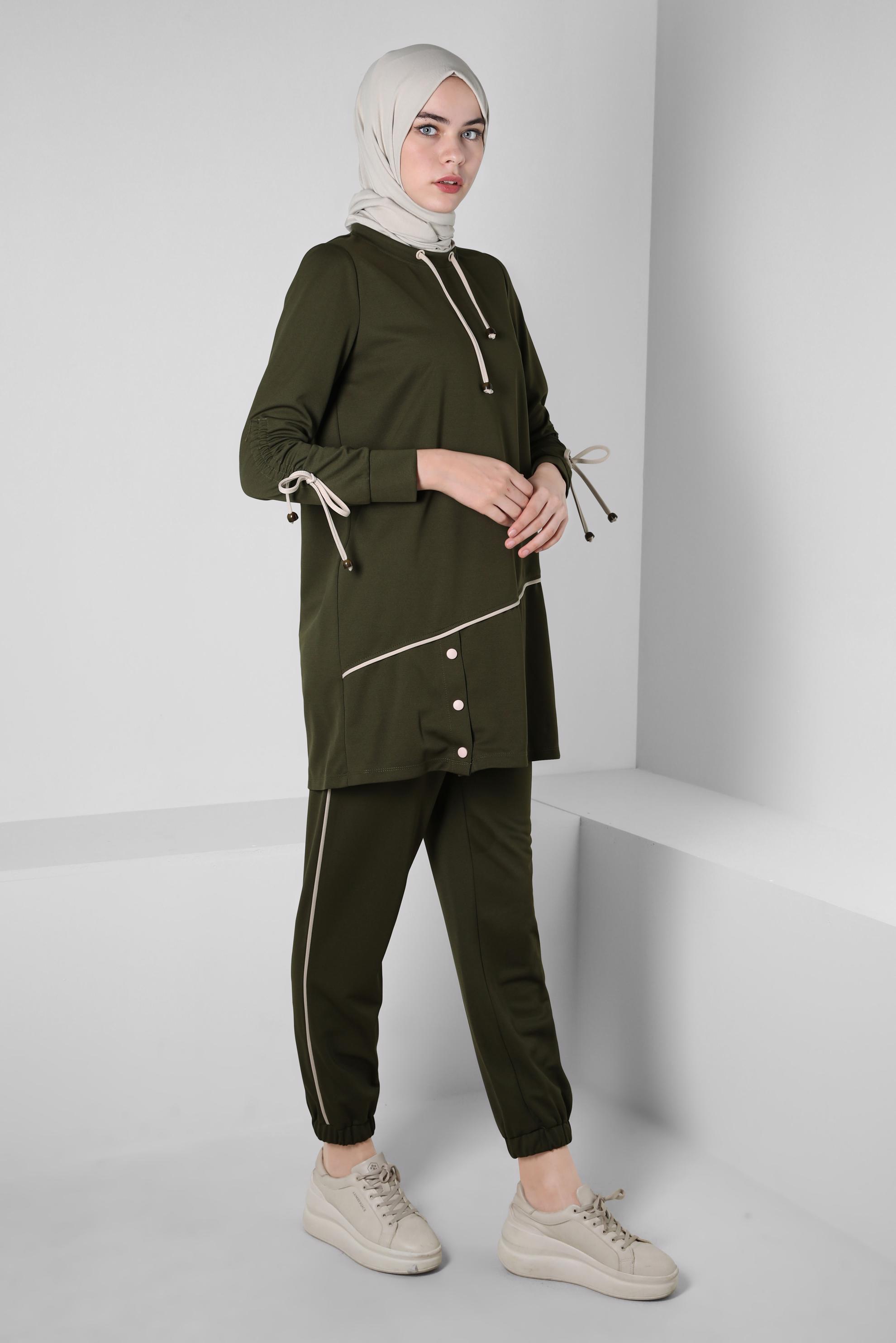 Tesettür giyim HAKİ ÖRME PANTOLONLU EŞOFMAN TAKIM 43880