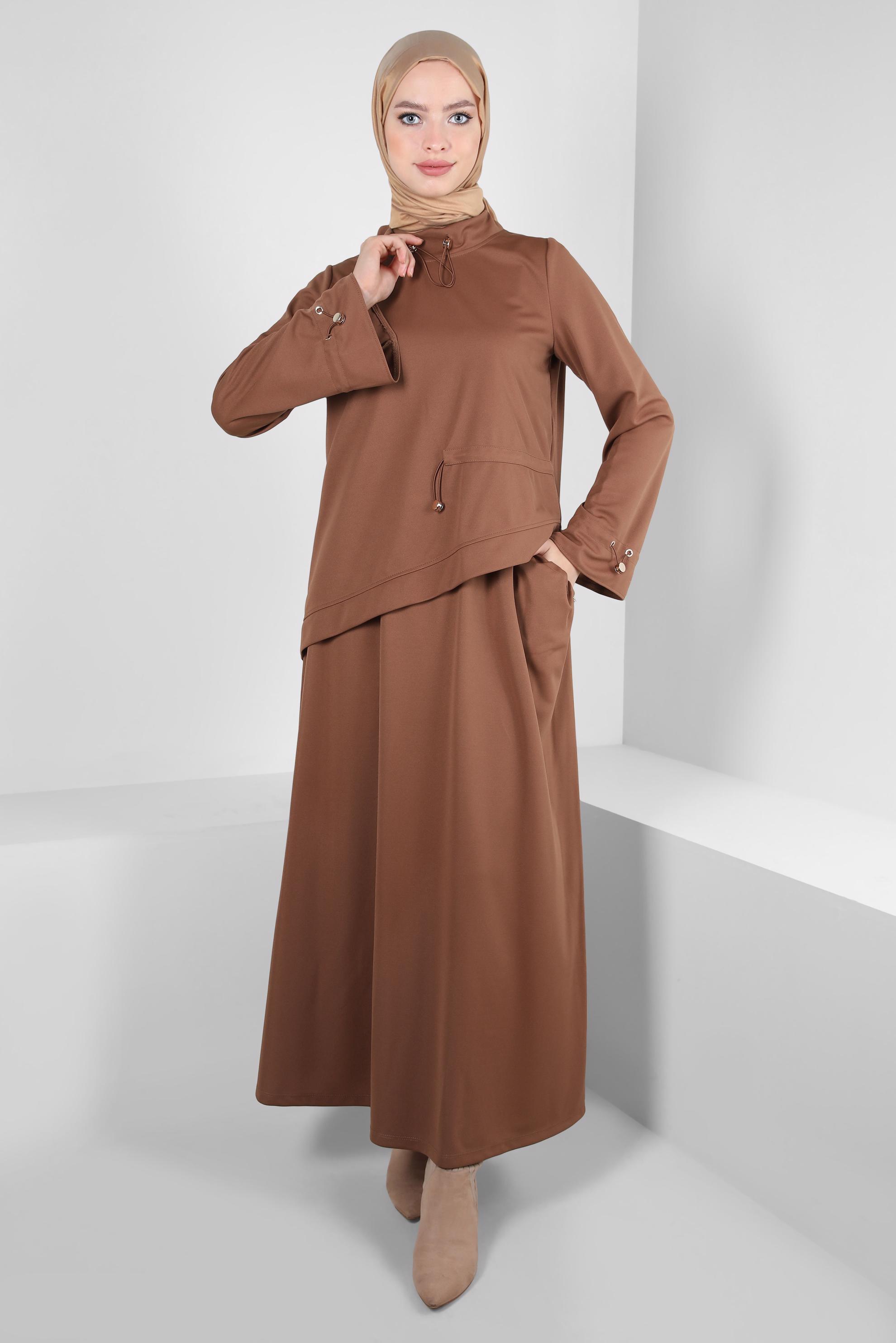 Tesettür giyim TABA BÜZGÜLÜ ÖRME ETEKLİ TAKIM 43912