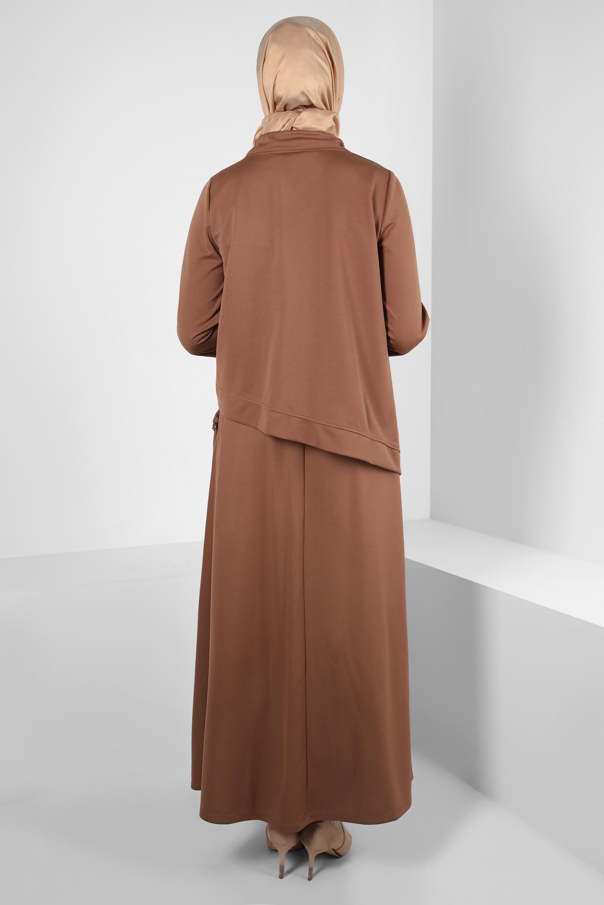 Tesettür giyim TABA BÜZGÜLÜ ÖRME ETEKLİ TAKIM 43912