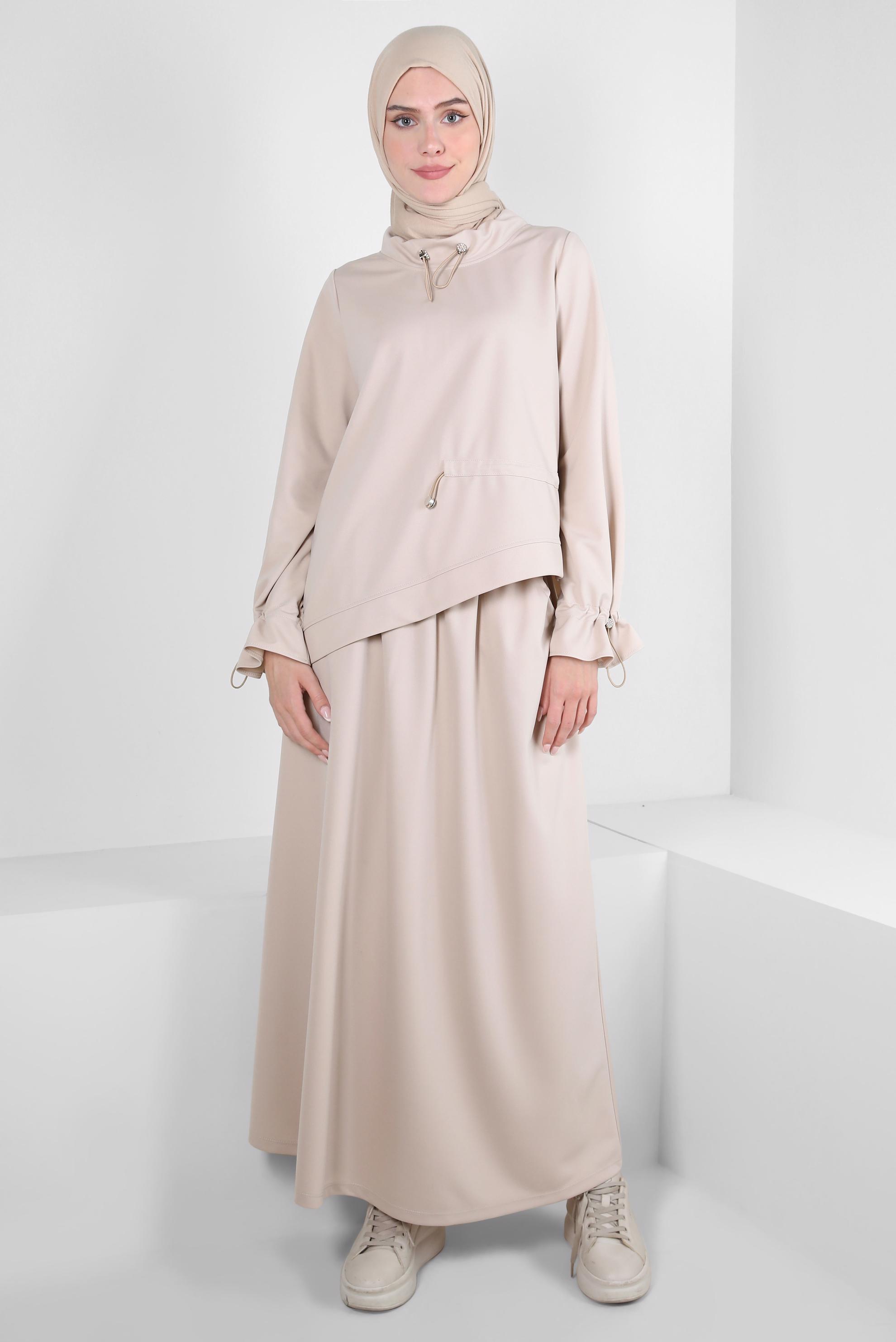 Tesettür giyim BEJ BÜZGÜLÜ ÖRME ETEKLİ TAKIM 43912