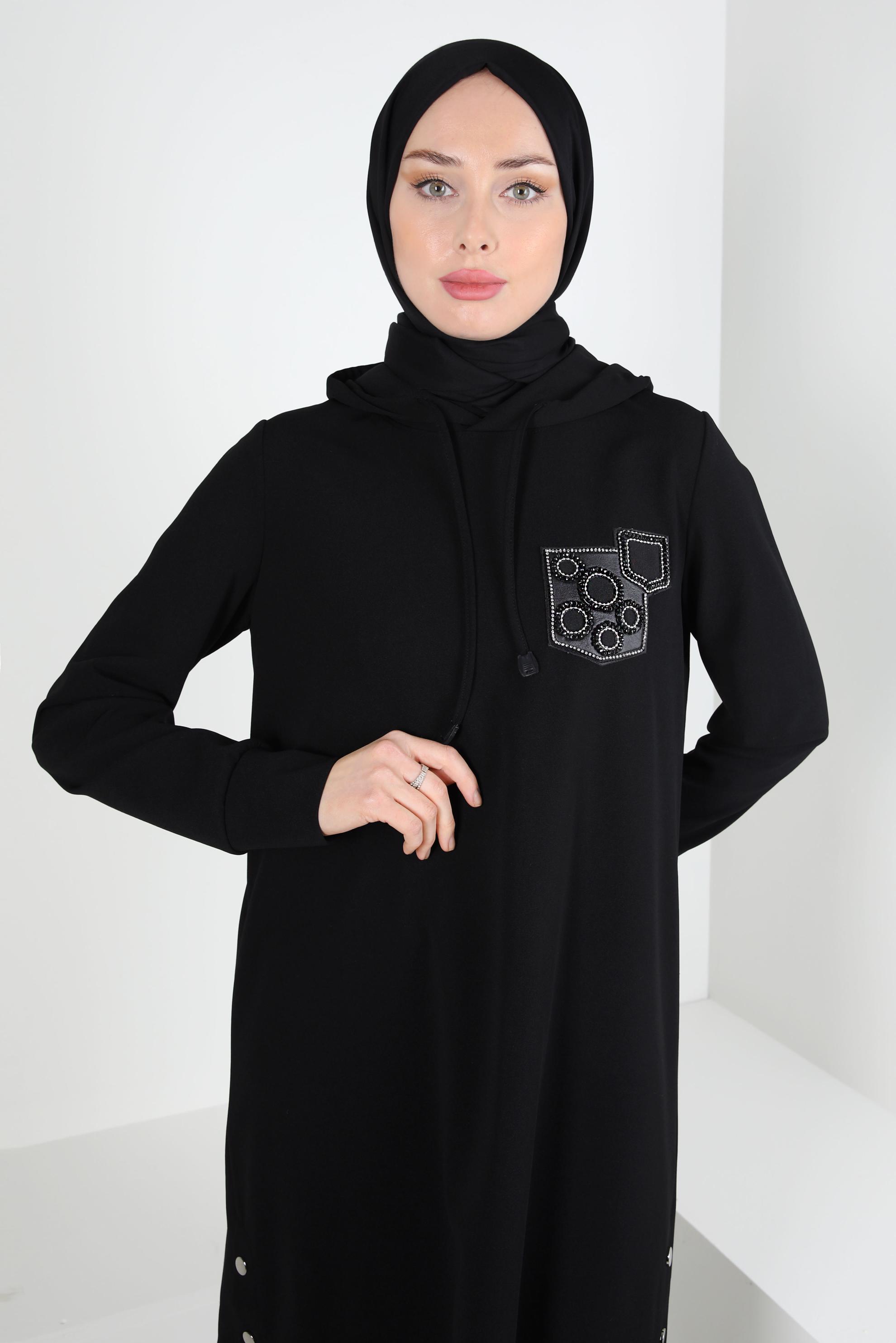 Tesettür giyim SİYAH KAPÜŞONLU EŞOFMAN TUNİK 44120