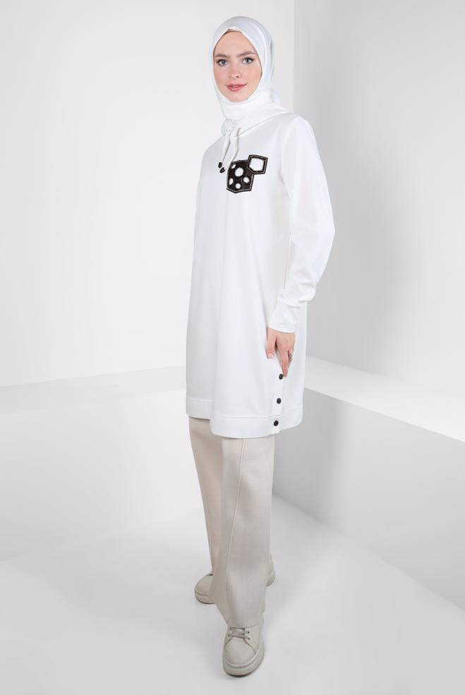 Tesettür giyim BEYAZ KAPÜŞONLU EŞOFMAN TUNİK 44120 - ALVİNA