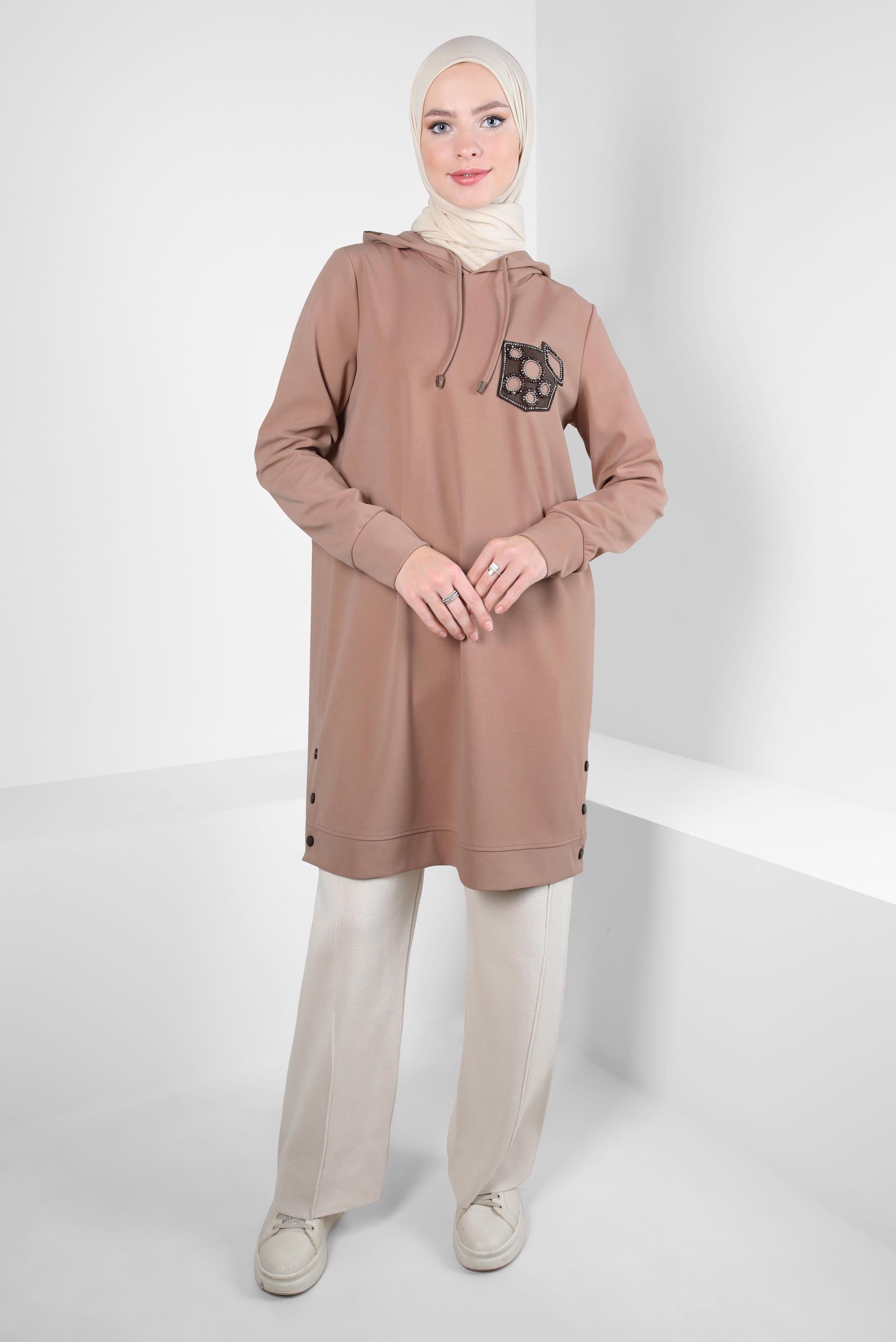 Tesettür giyim BEJ KAPÜŞONLU EŞOFMAN TUNİK 44120