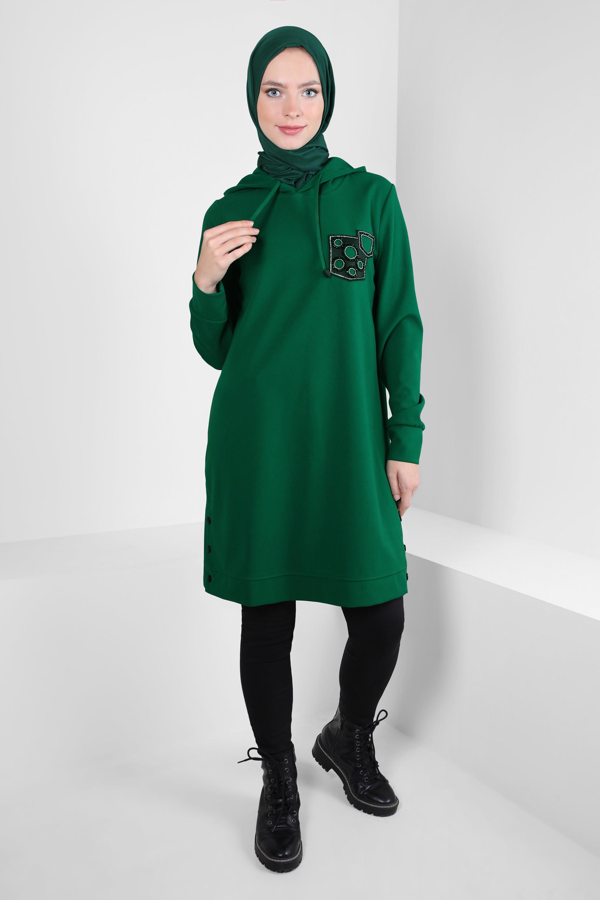 Tesettür giyim YEŞİL KAPÜŞONLU EŞOFMAN TUNİK 44120