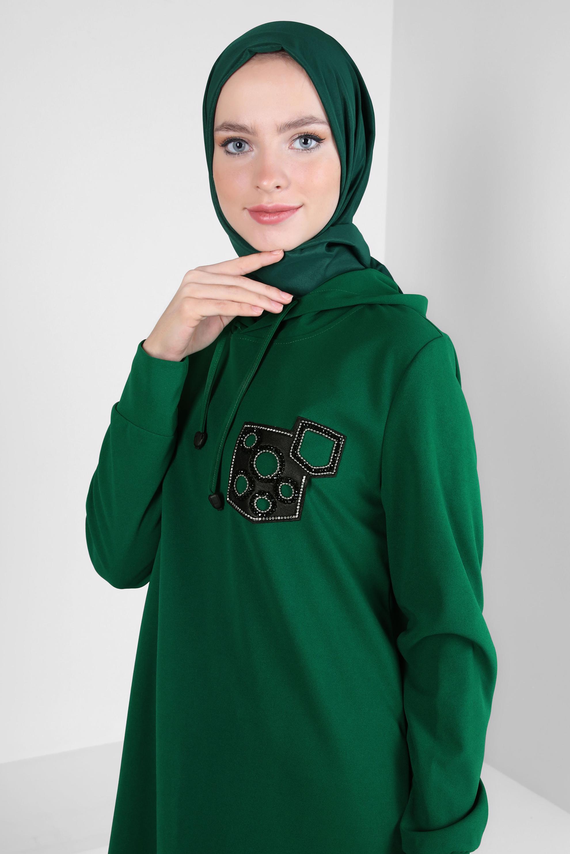 Tesettür giyim YEŞİL KAPÜŞONLU EŞOFMAN TUNİK 44120