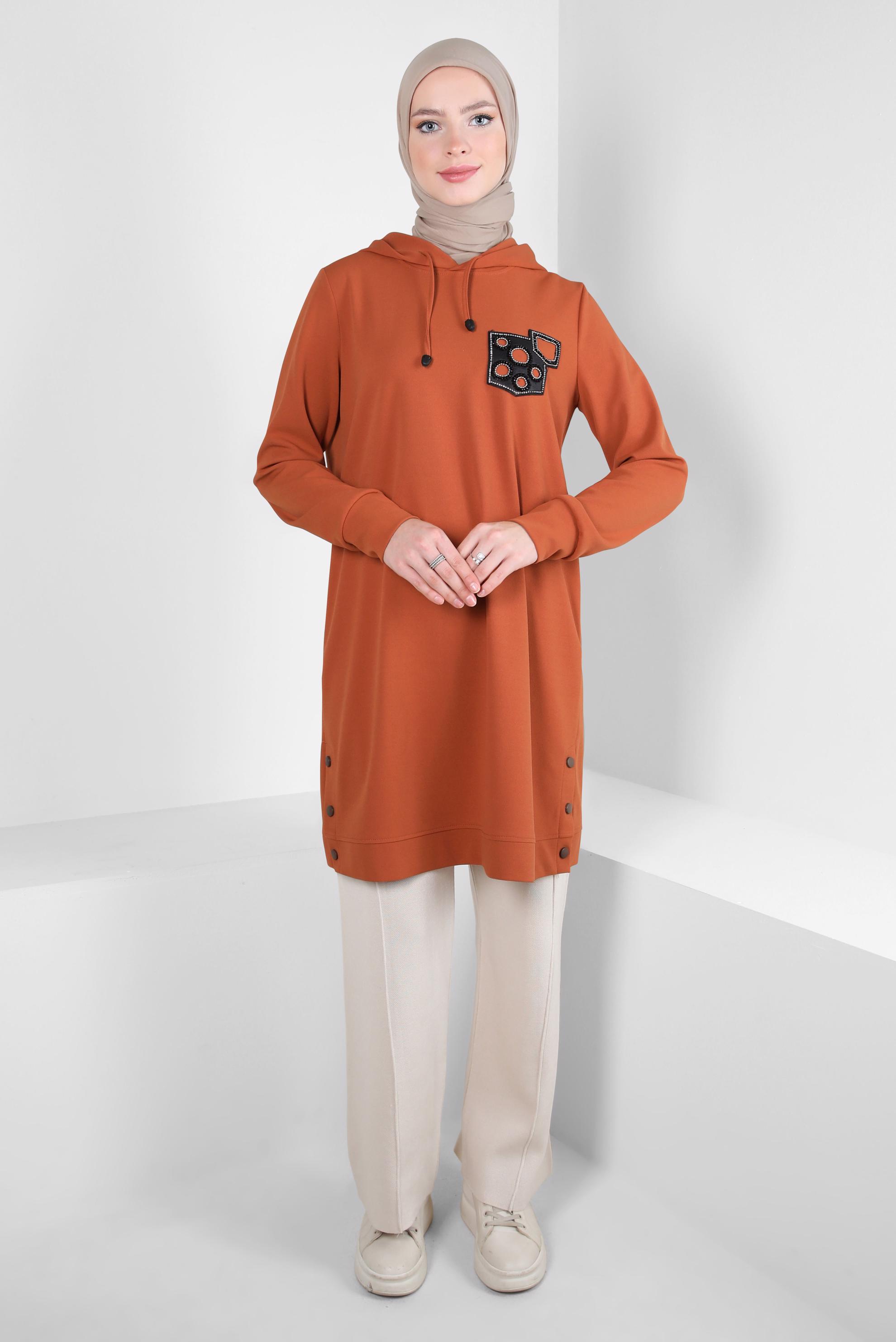 Tesettür giyim TURUNCU KAPÜŞONLU EŞOFMAN TUNİK 44120