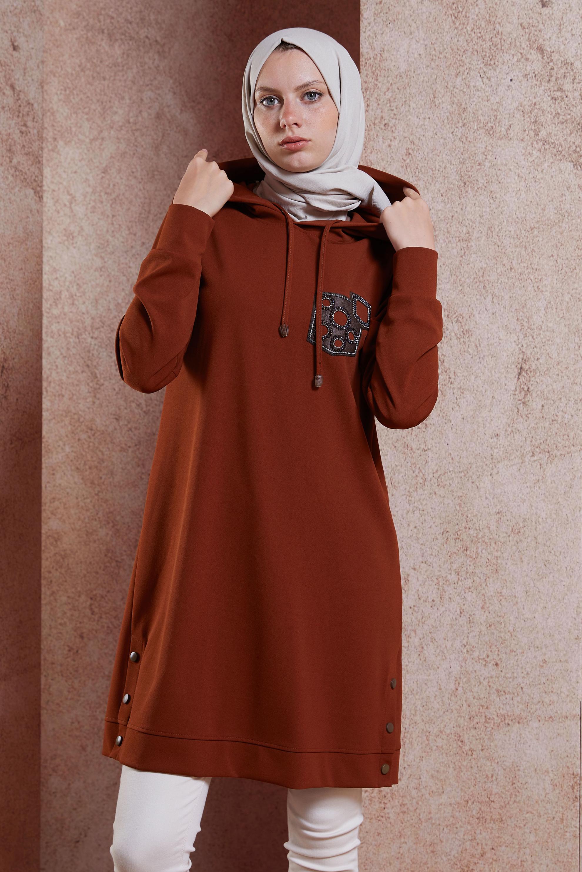 Tesettür giyim BORDO KAPÜŞONLU EŞOFMAN TUNİK 44120