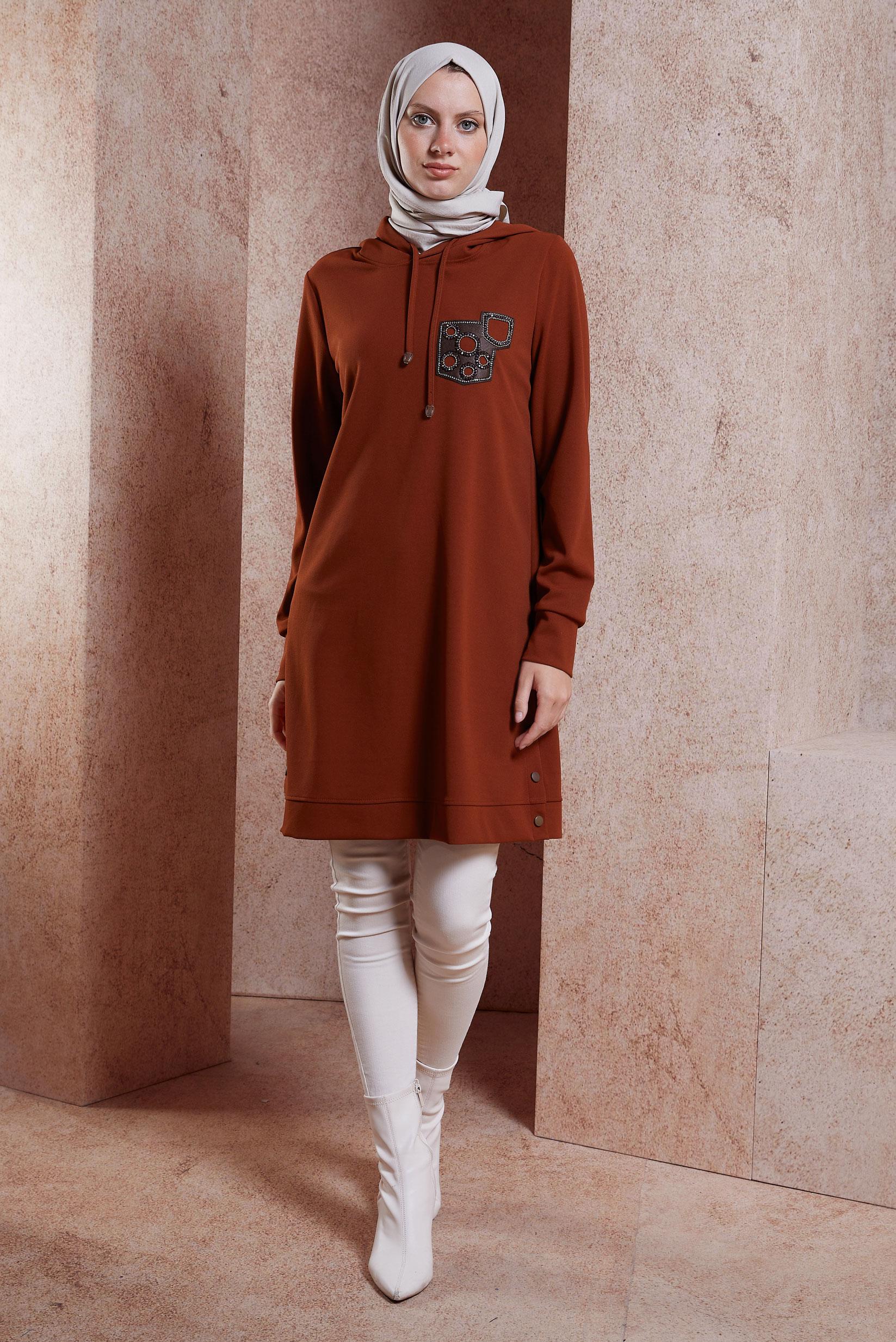 Tesettür giyim BORDO KAPÜŞONLU EŞOFMAN TUNİK 44120