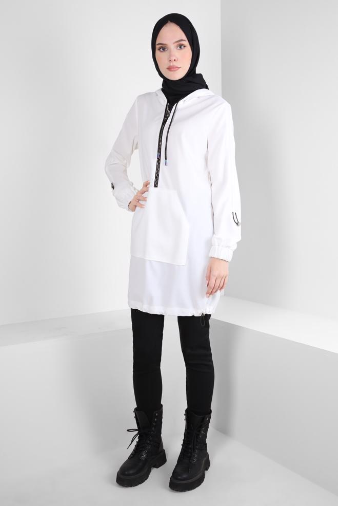 Tesettür giyim BEYAZ KAPÜŞONLU EŞOFMAN TUNİK 44121 - ALVİNA