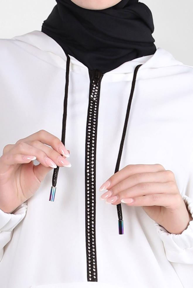 Tesettür giyim BEYAZ KAPÜŞONLU EŞOFMAN TUNİK 44121 - ALVİNA