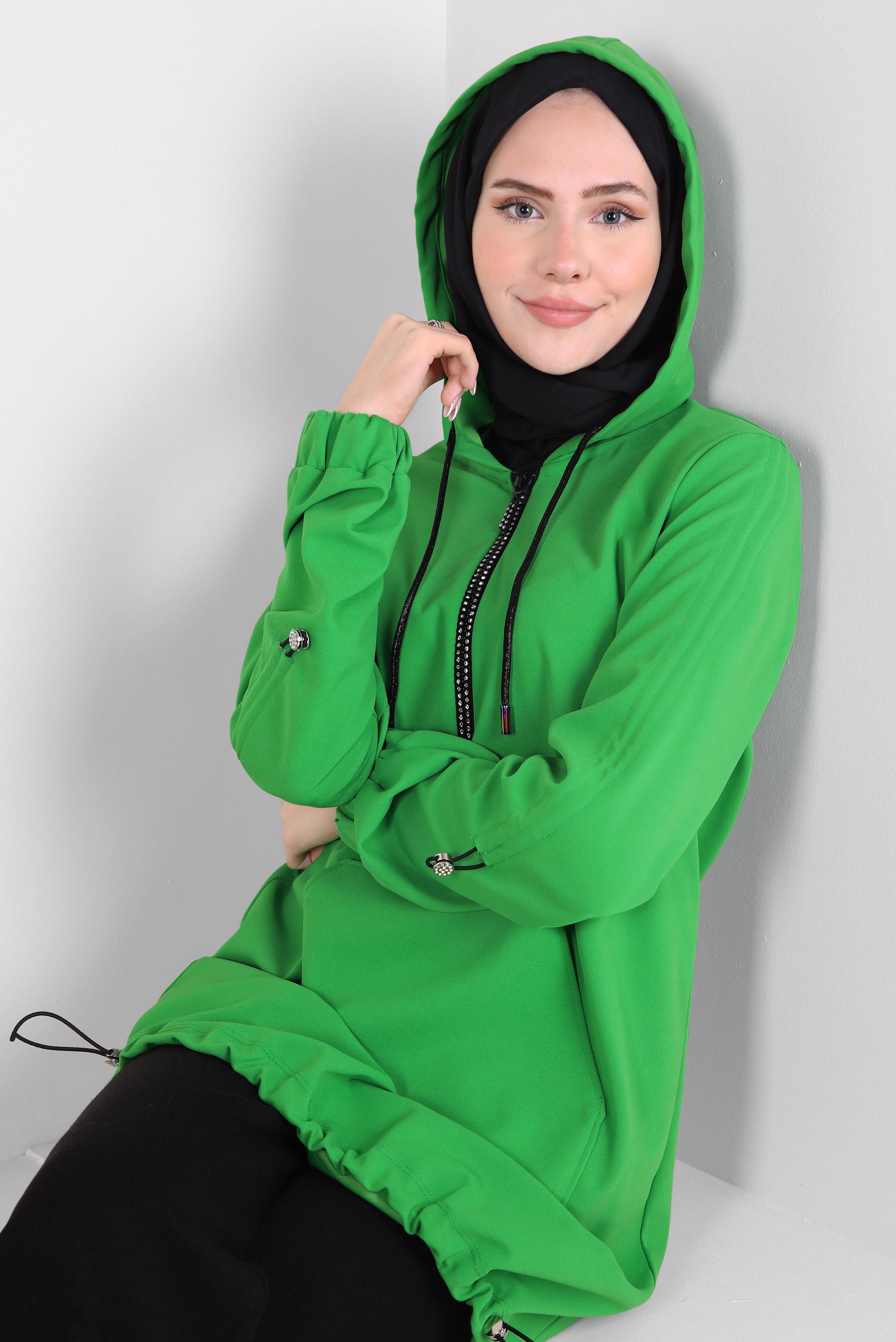 Tesettür giyim YEŞİL KAPÜŞONLU EŞOFMAN TUNİK 44121