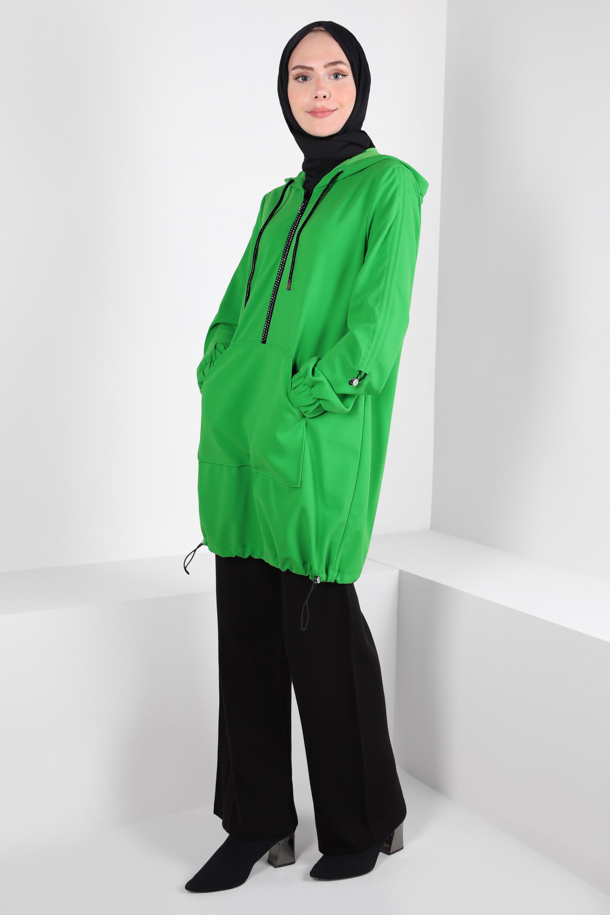 Tesettür giyim YEŞİL KAPÜŞONLU EŞOFMAN TUNİK 44121