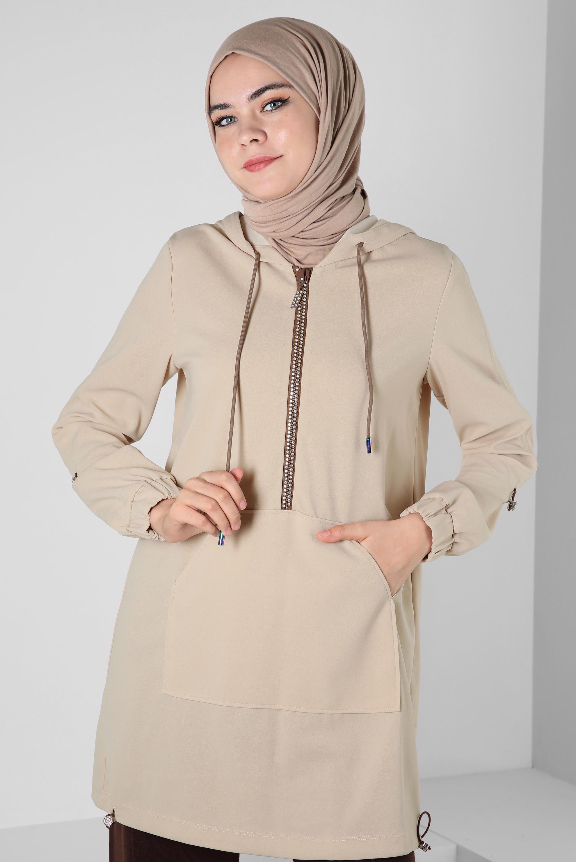 Tesettür giyim EKRU KAPÜŞONLU EŞOFMAN TUNİK 44121