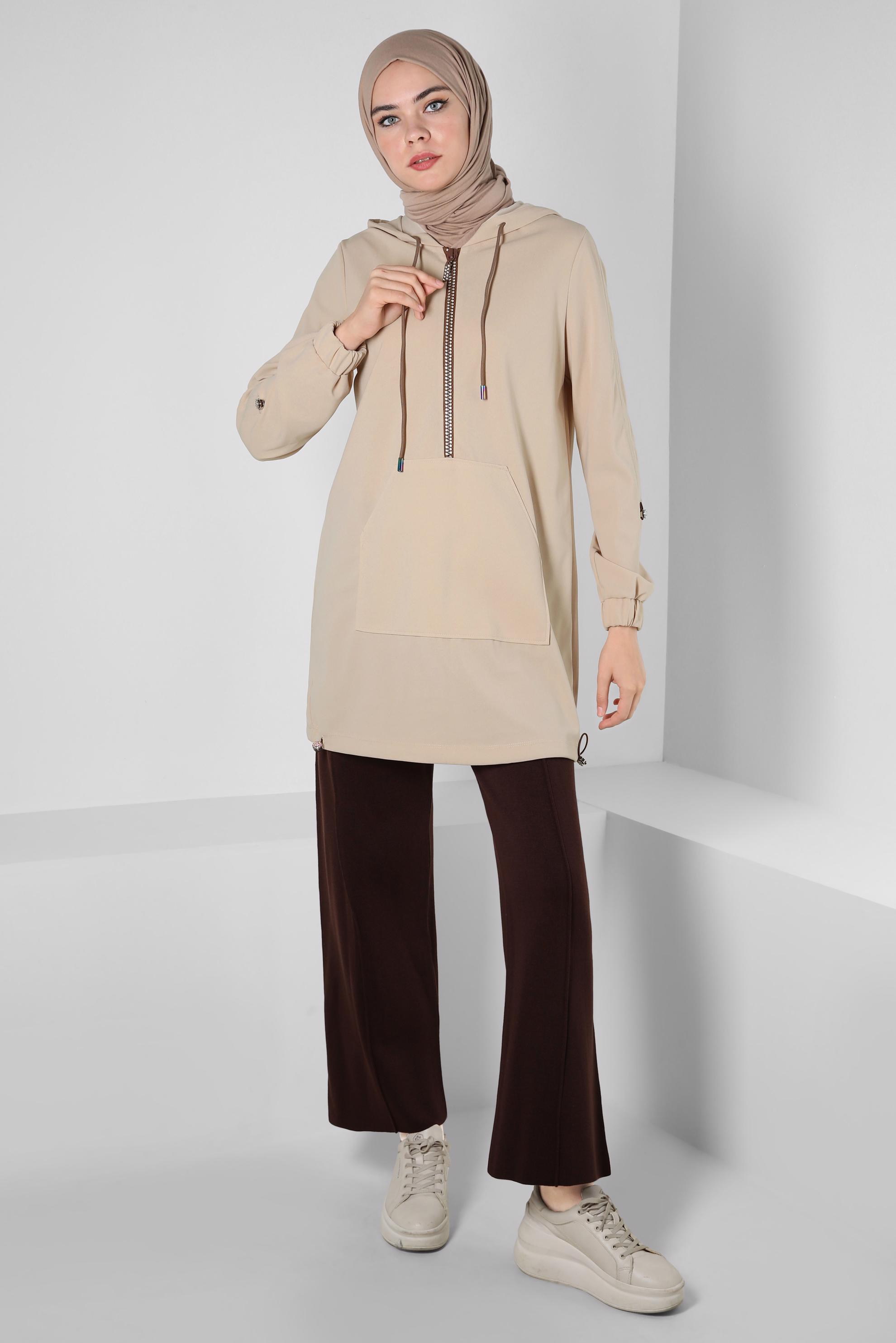 Tesettür giyim EKRU KAPÜŞONLU EŞOFMAN TUNİK 44121