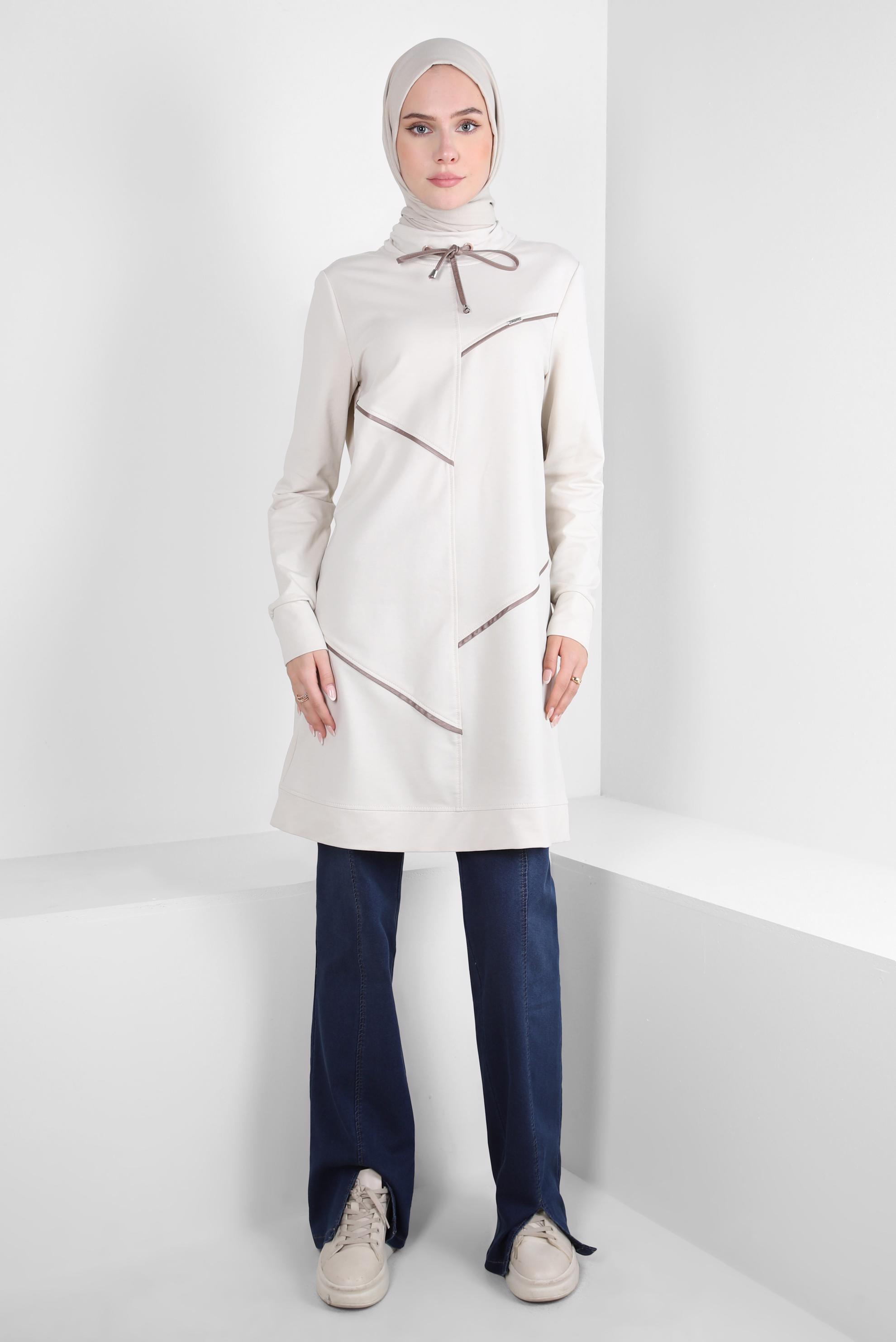 Tesettür giyim BEJ ŞERİTLİ EŞOFMAN TUNİK 44122