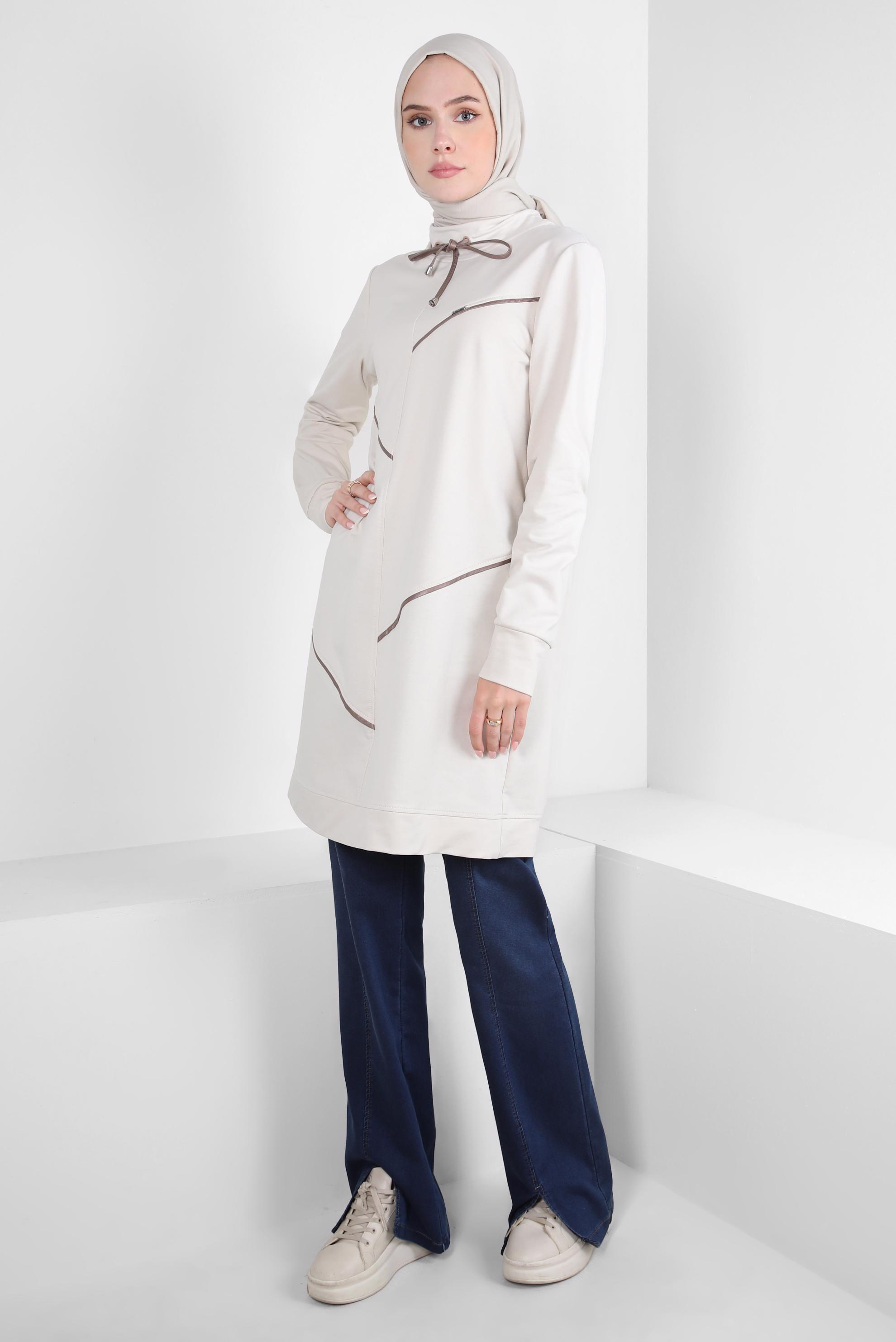 Tesettür giyim BEJ ŞERİTLİ EŞOFMAN TUNİK 44122