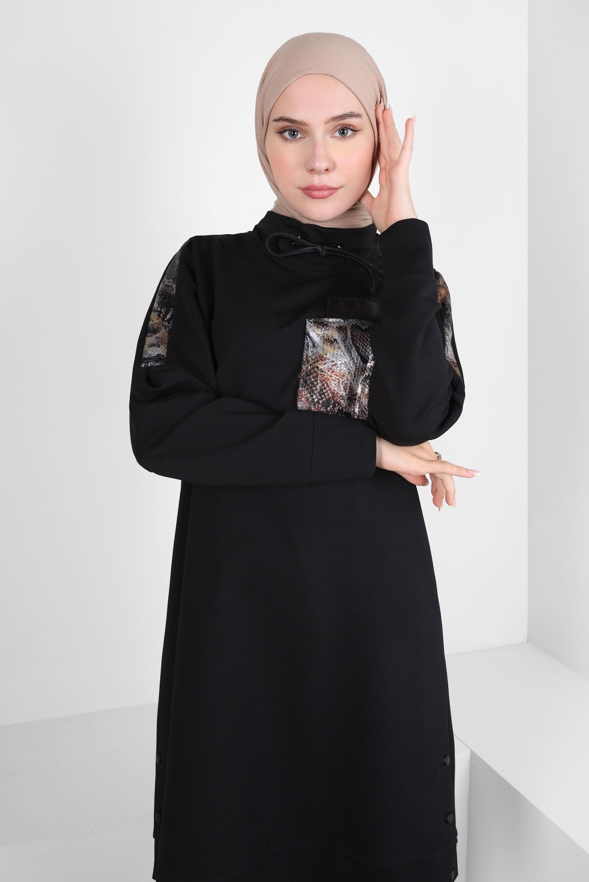 Tesettür giyim SİYAH BAĞCIK DETAYLI EŞOFMAN TUNİK 44123