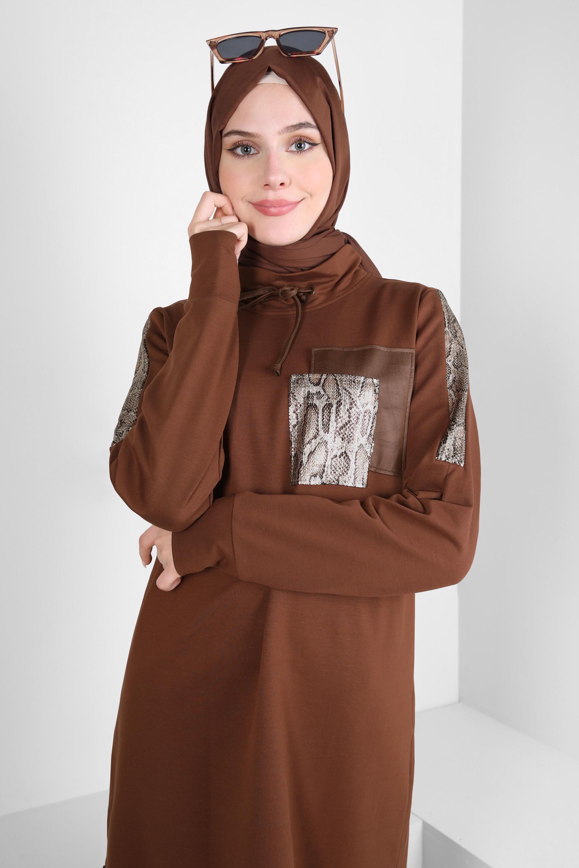 Tesettür giyim KAHVE BAĞCIK DETAYLI EŞOFMAN TUNİK 44123