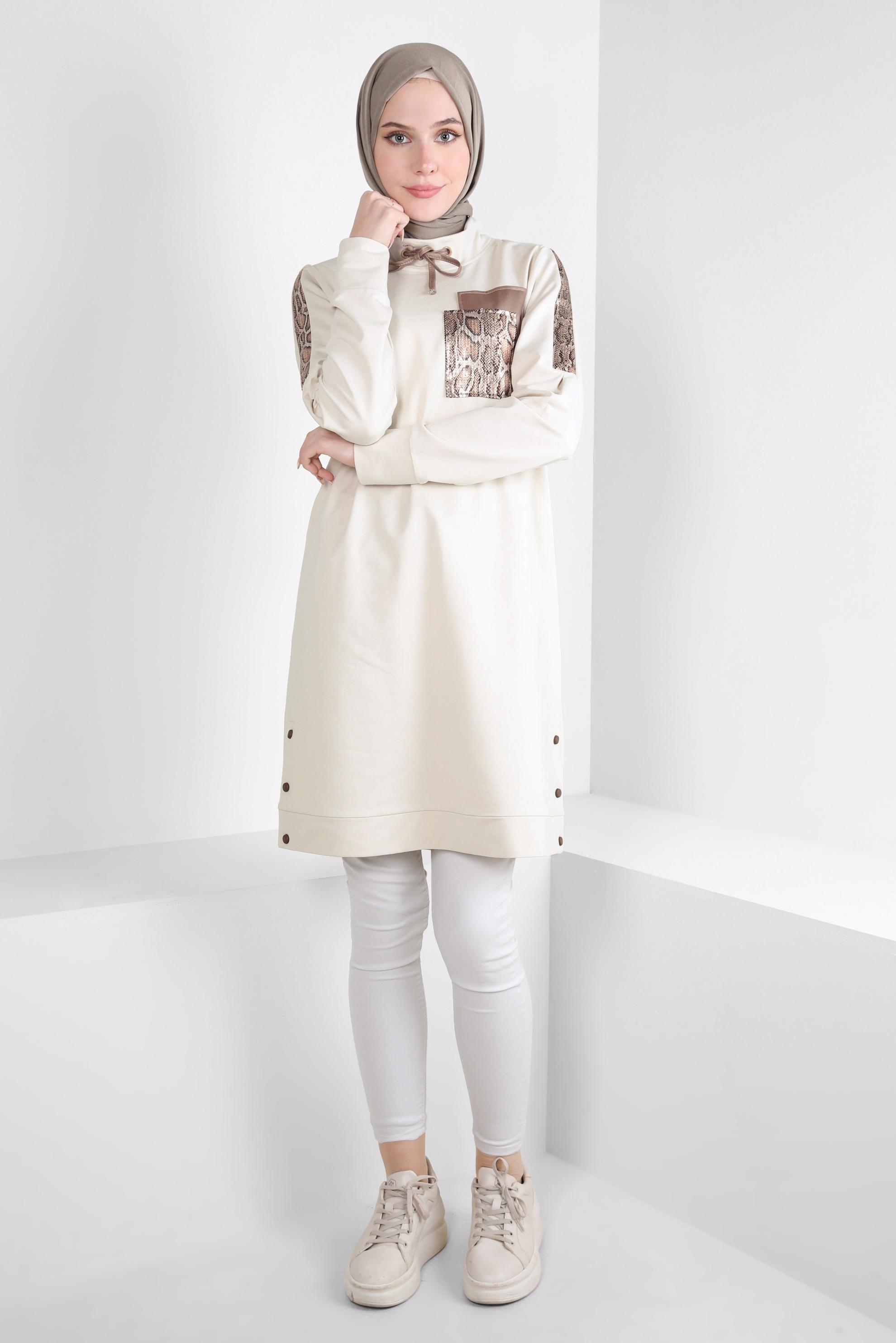 Tesettür giyim BEJ BAĞCIK DETAYLI EŞOFMAN TUNİK 44123