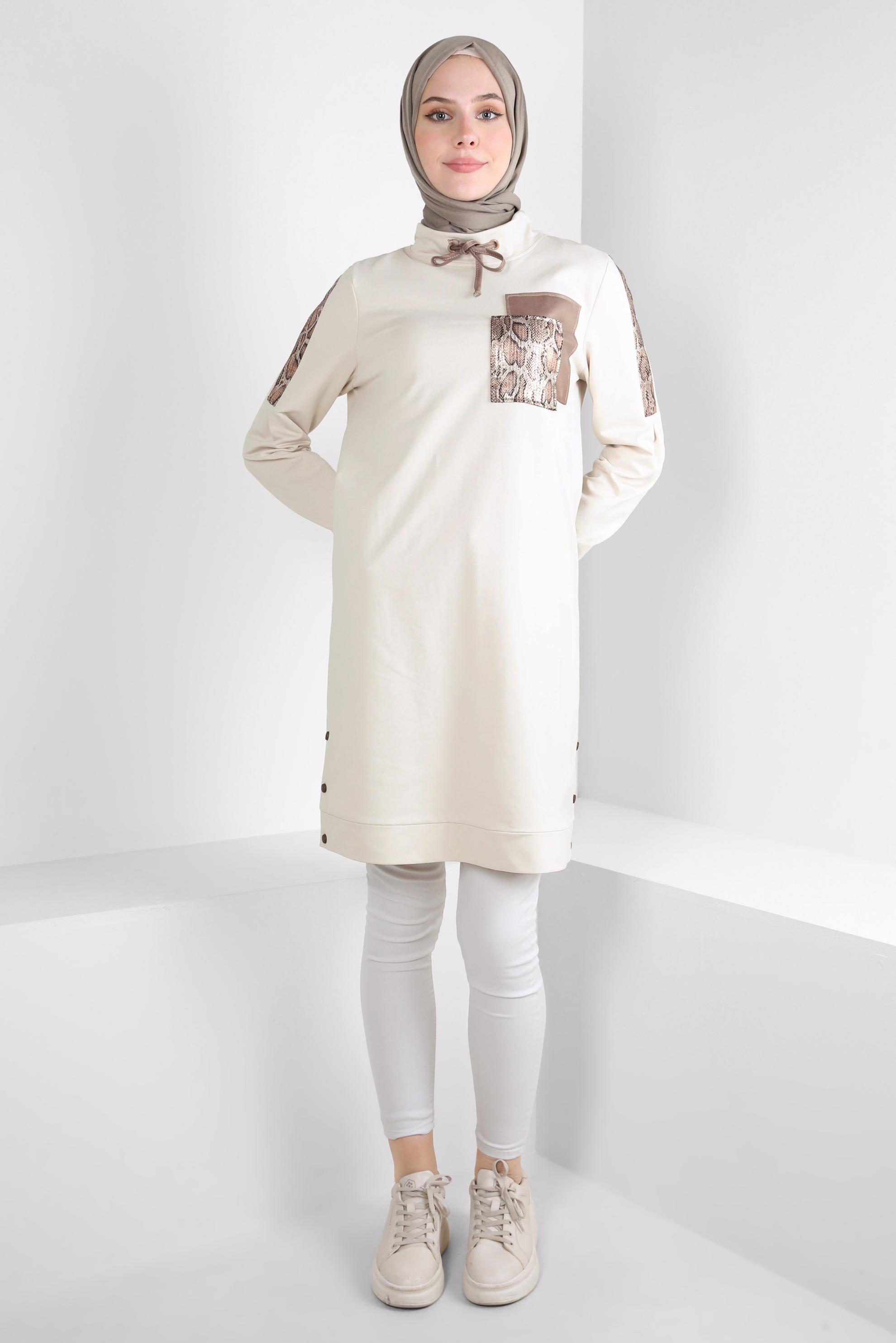Tesettür giyim BEJ BAĞCIK DETAYLI EŞOFMAN TUNİK 44123