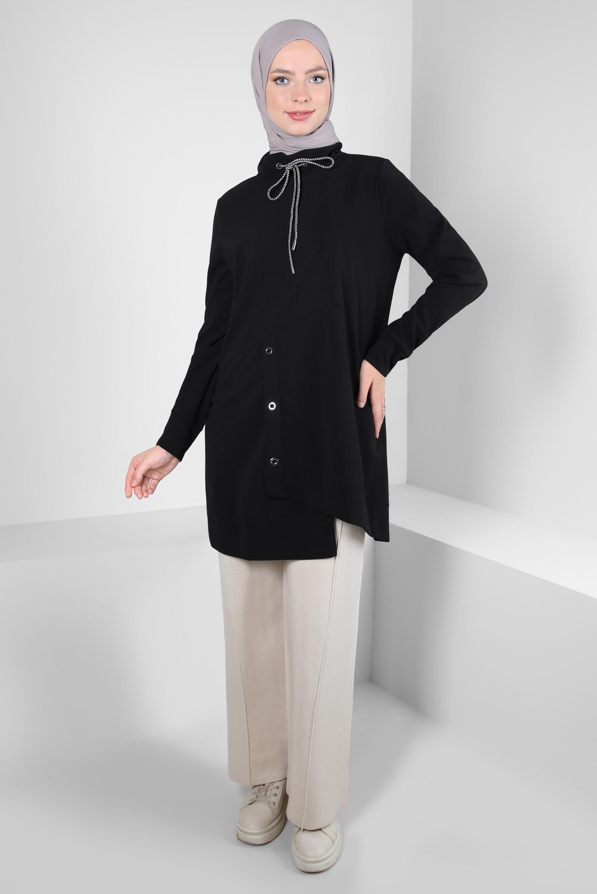 Tesettür giyim SİYAH KUŞGÖZÜ DETAYLI EŞOFMAN TUNİK 44124