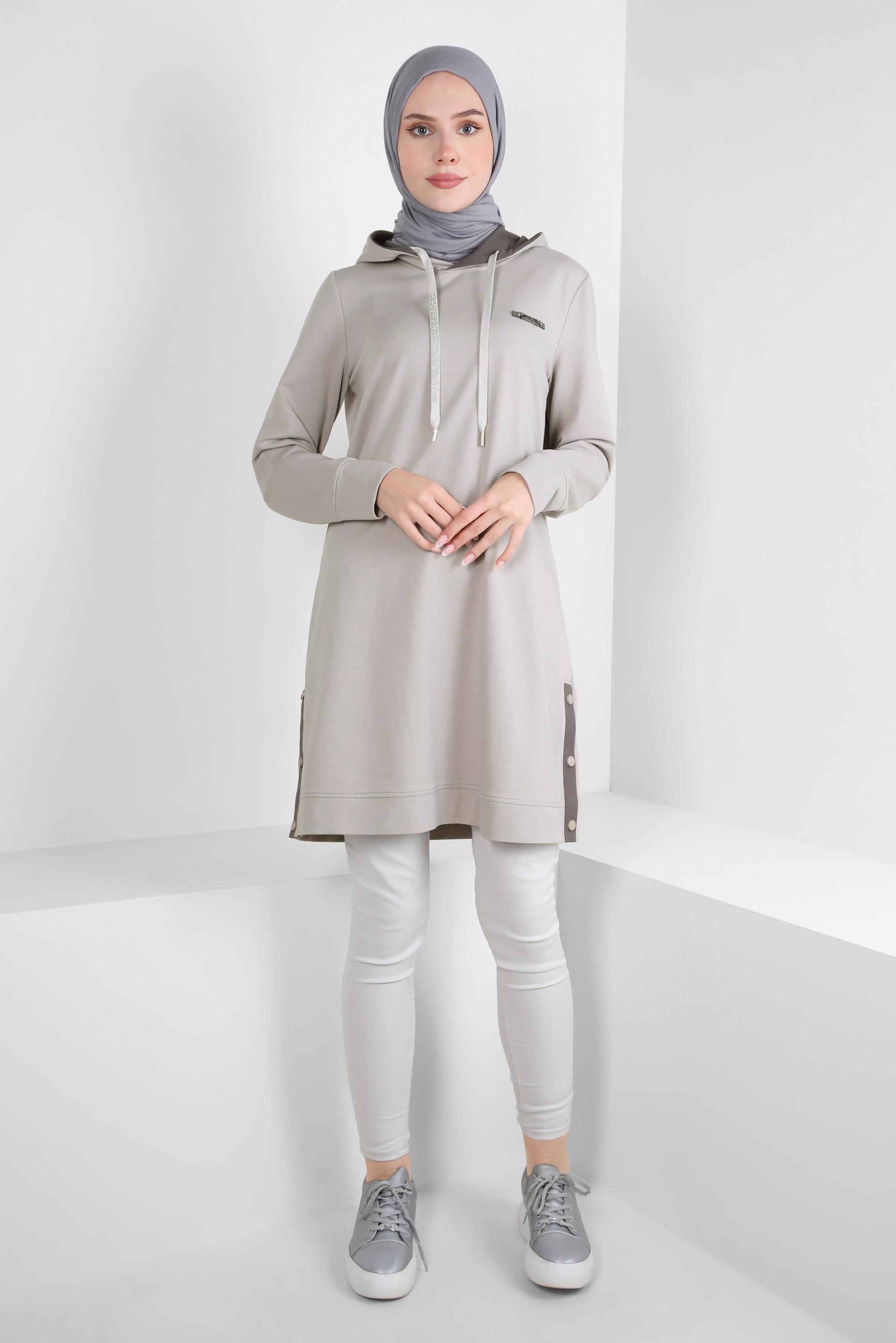 Tesettür giyim GRİ KAPÜŞONLU EŞOFMAN TUNİK 44125