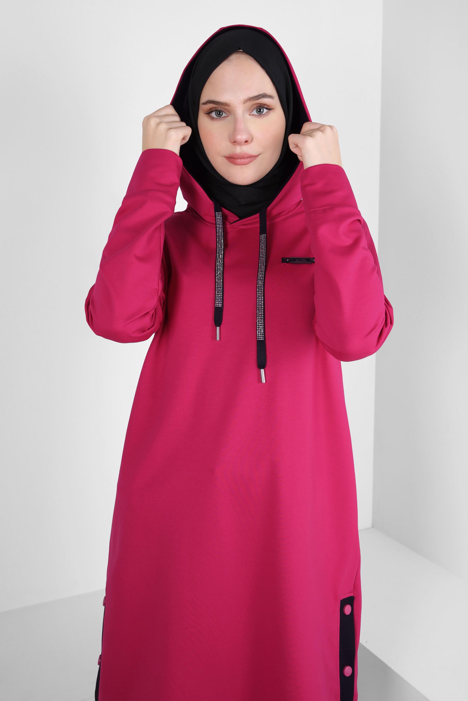 Tesettür giyim FUŞYA KAPÜŞONLU EŞOFMAN TUNİK 44125