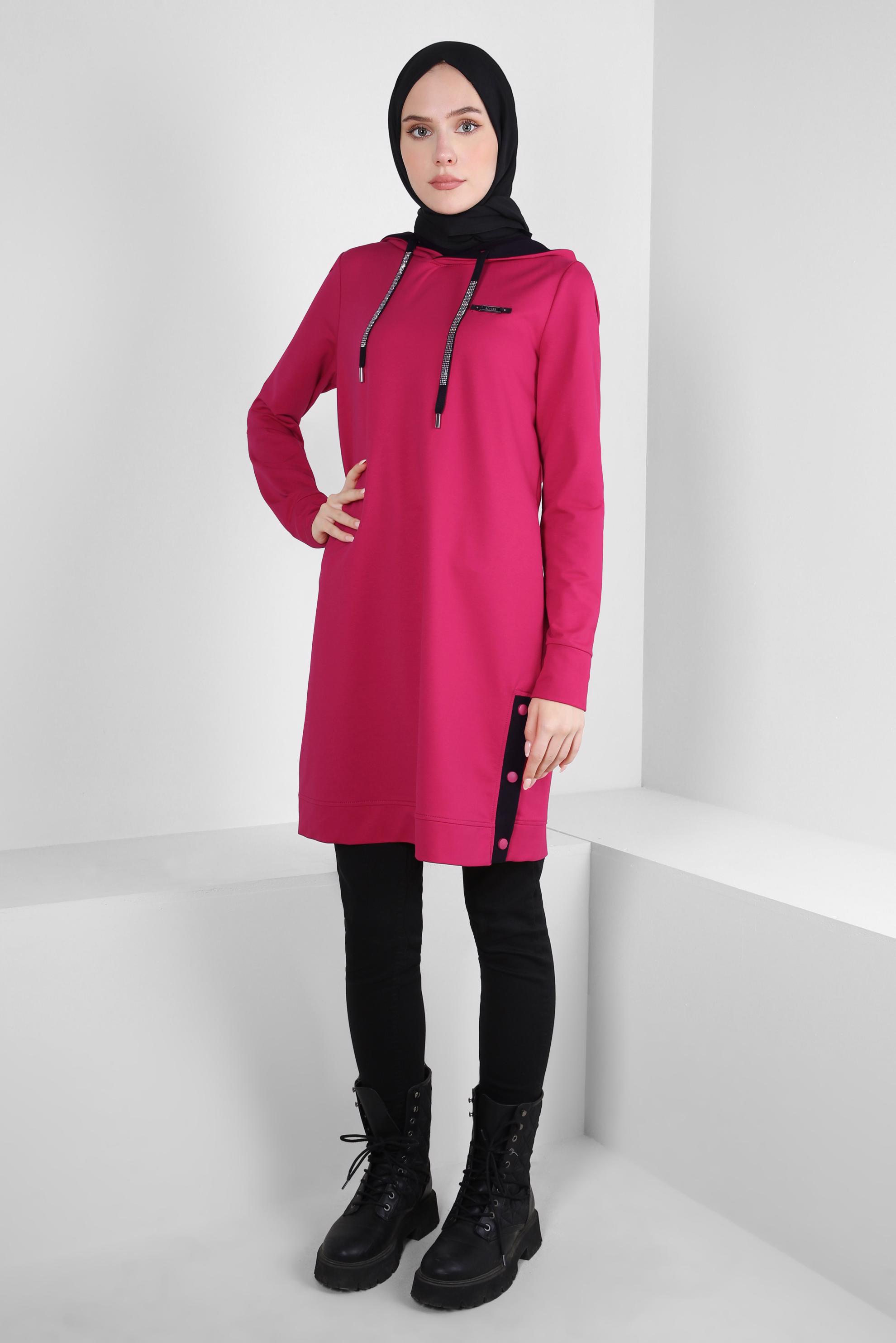 Tesettür giyim FUŞYA KAPÜŞONLU EŞOFMAN TUNİK 44125