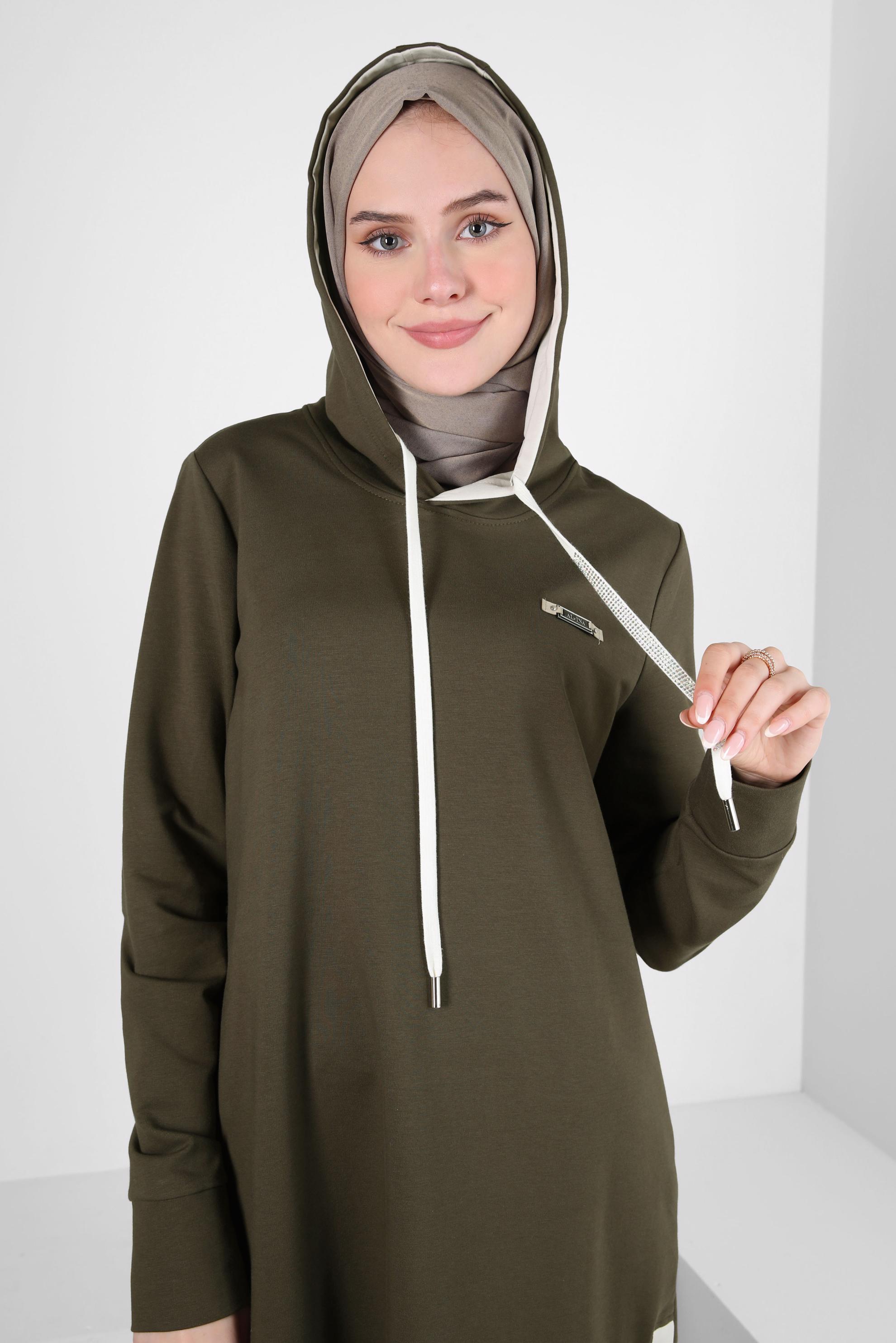 Tesettür giyim HAKİ KAPÜŞONLU EŞOFMAN TUNİK 44125