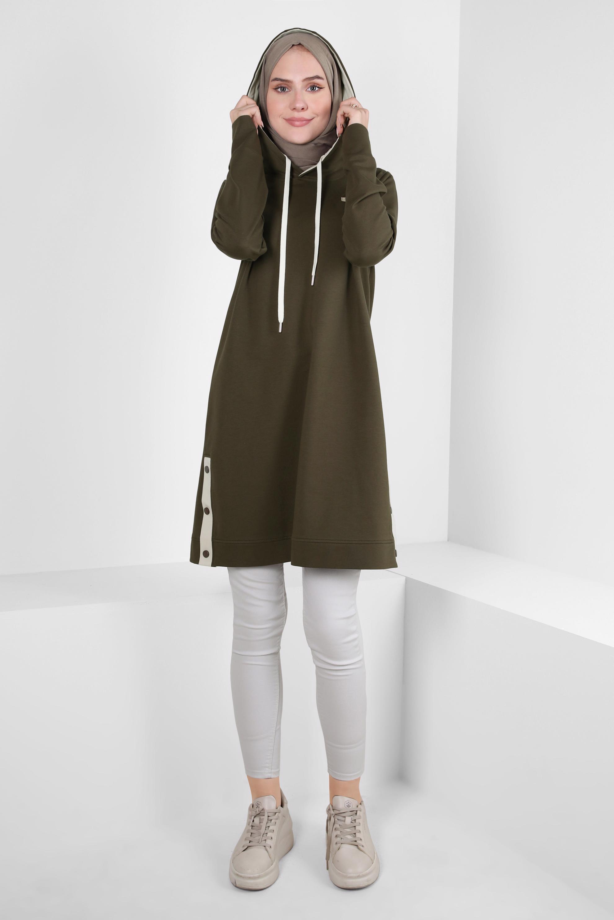 Tesettür giyim HAKİ KAPÜŞONLU EŞOFMAN TUNİK 44125