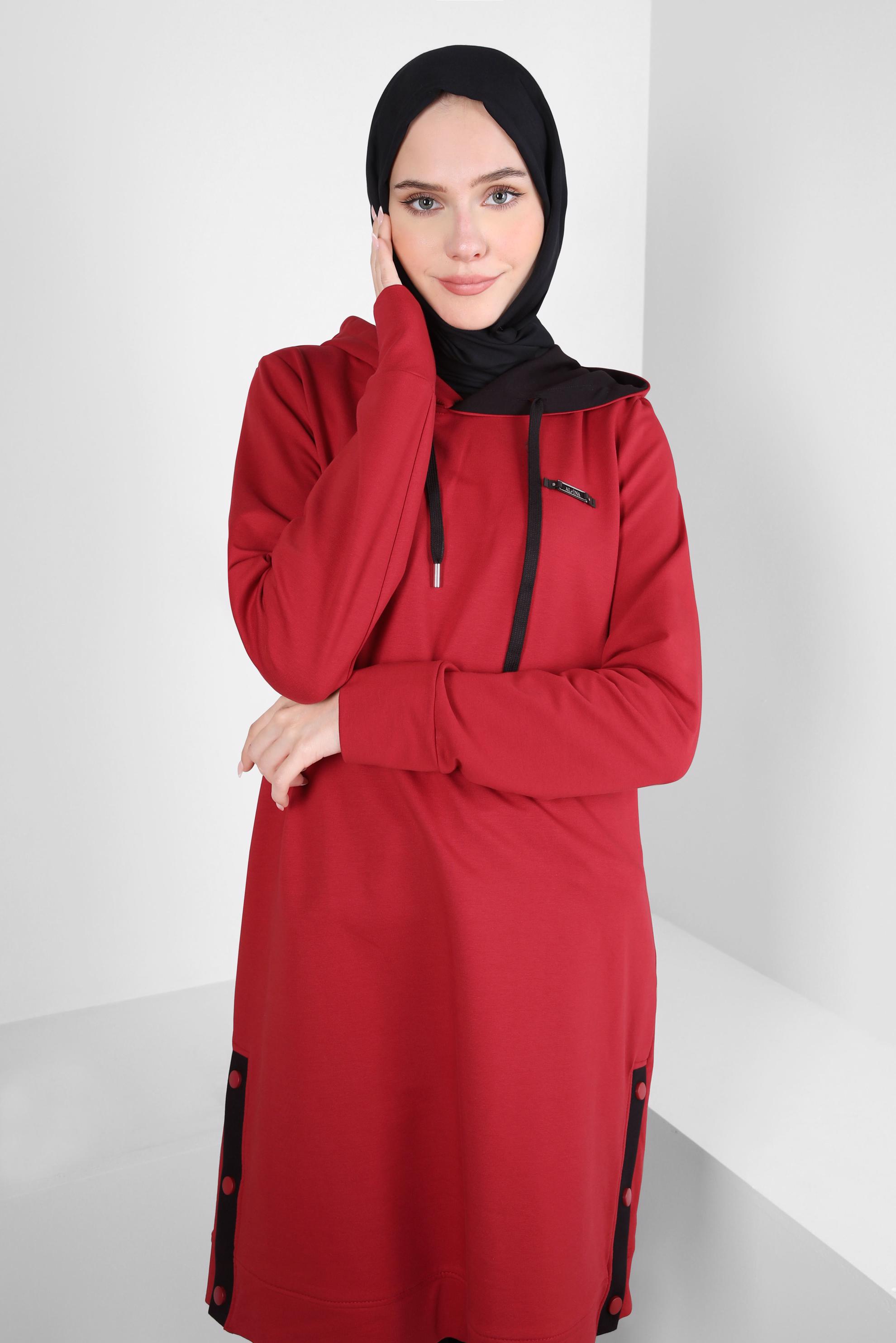 Tesettür giyim KIRMIZI KAPÜŞONLU EŞOFMAN TUNİK 44125