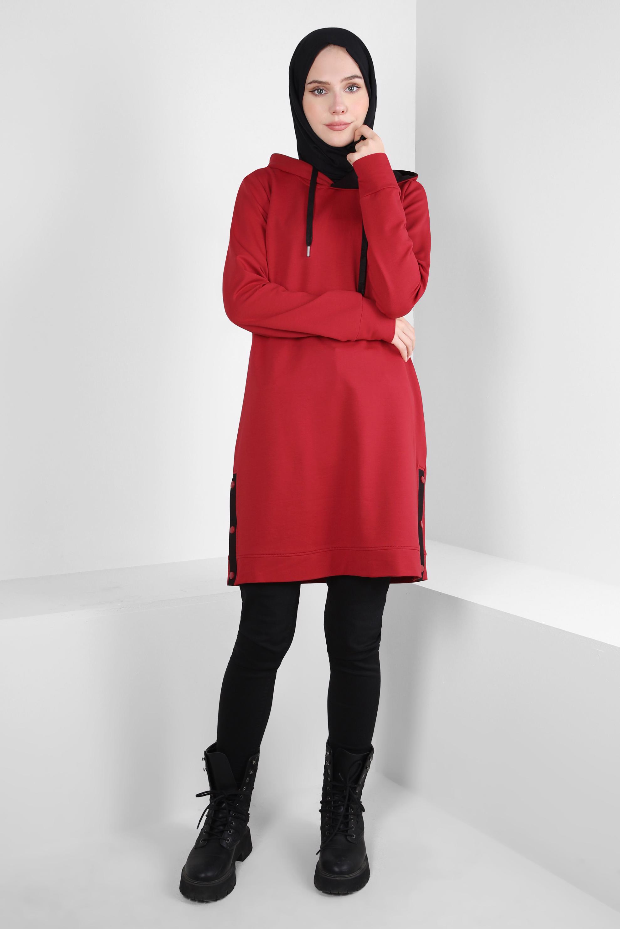 Tesettür giyim KIRMIZI KAPÜŞONLU EŞOFMAN TUNİK 44125