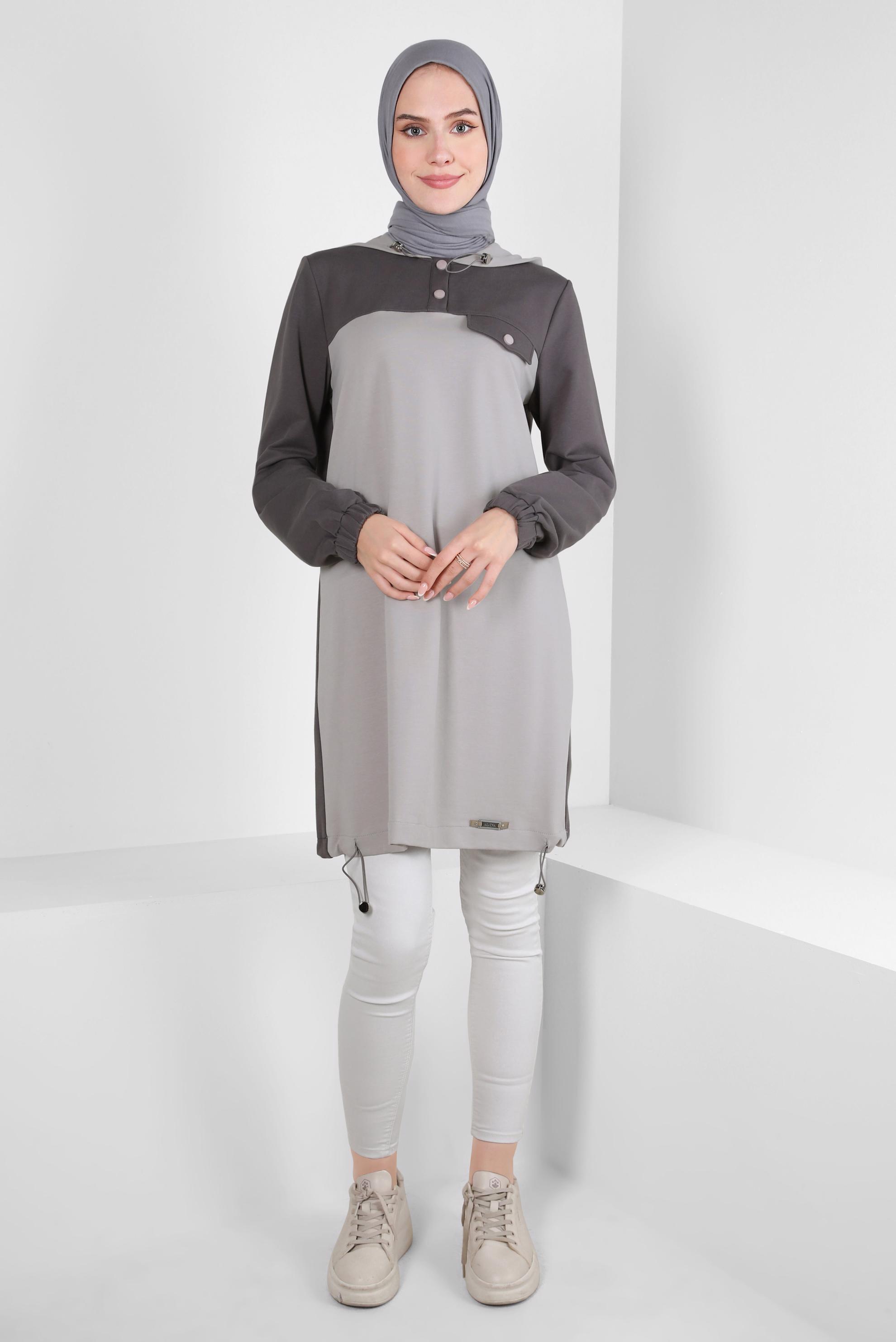 Tesettür giyim GRİ KAPÜŞONLU EŞOFMAN TUNİK 44126