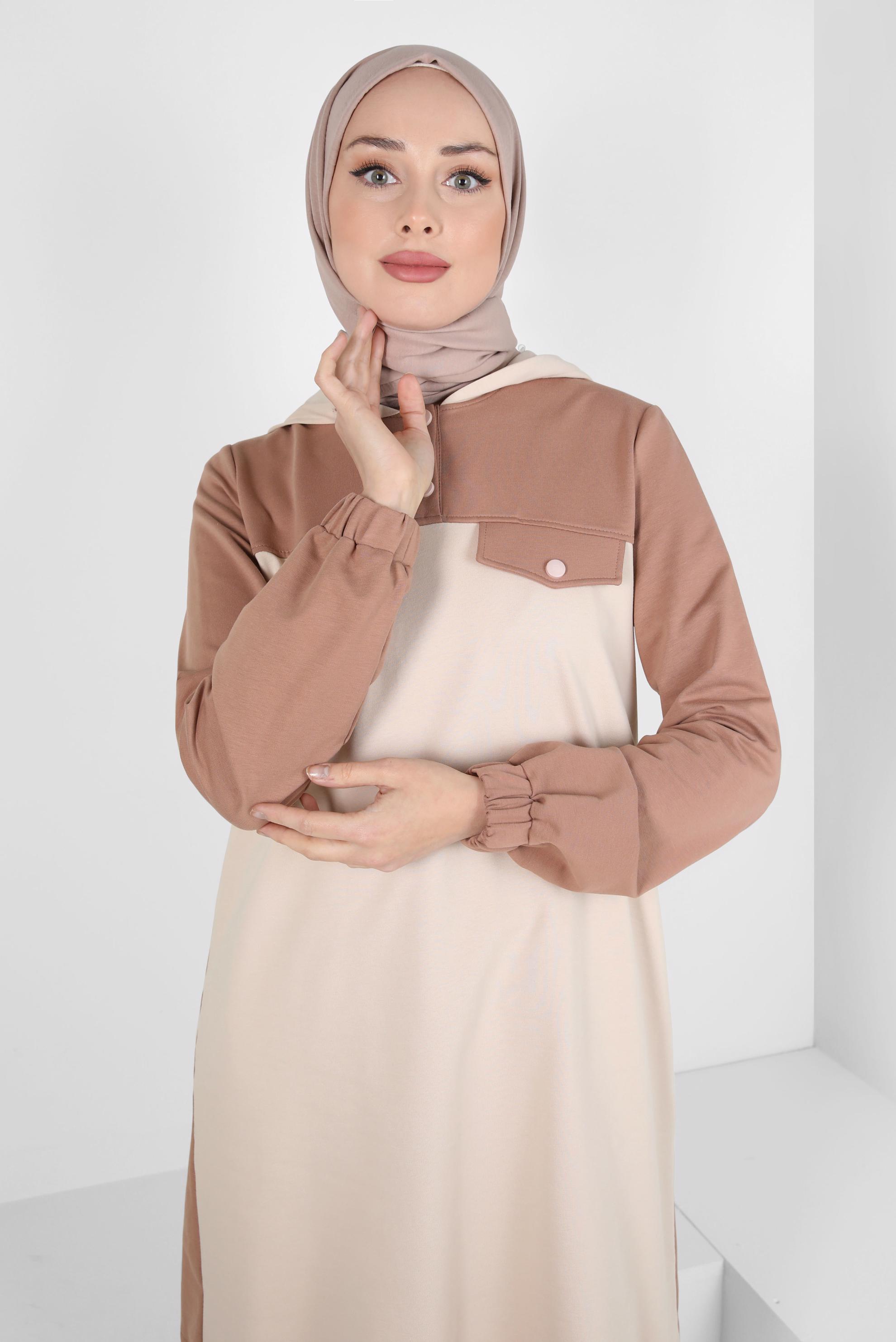 Tesettür giyim KAHVE KAPÜŞONLU EŞOFMAN TUNİK 44126