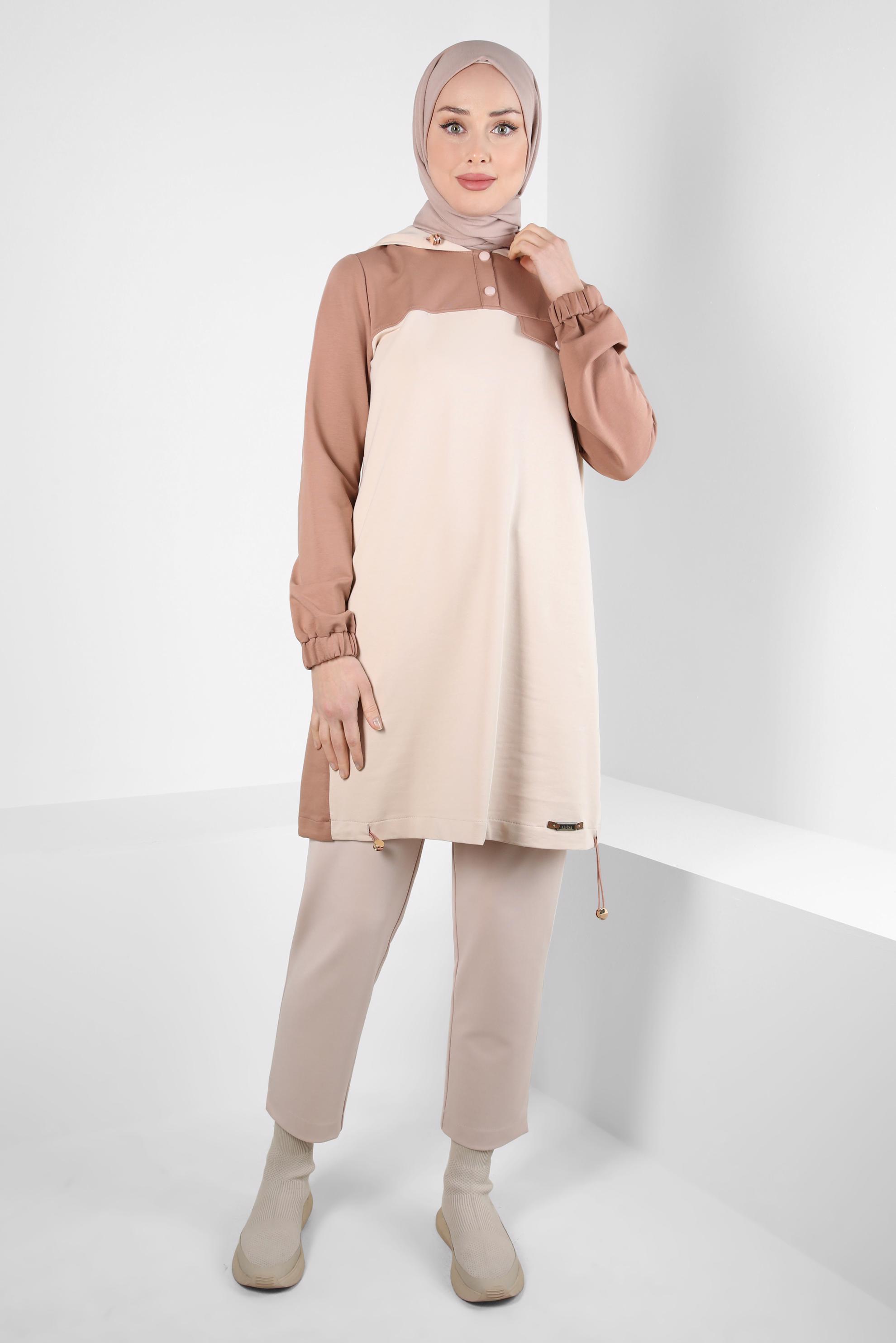 Tesettür giyim KAHVE KAPÜŞONLU EŞOFMAN TUNİK 44126