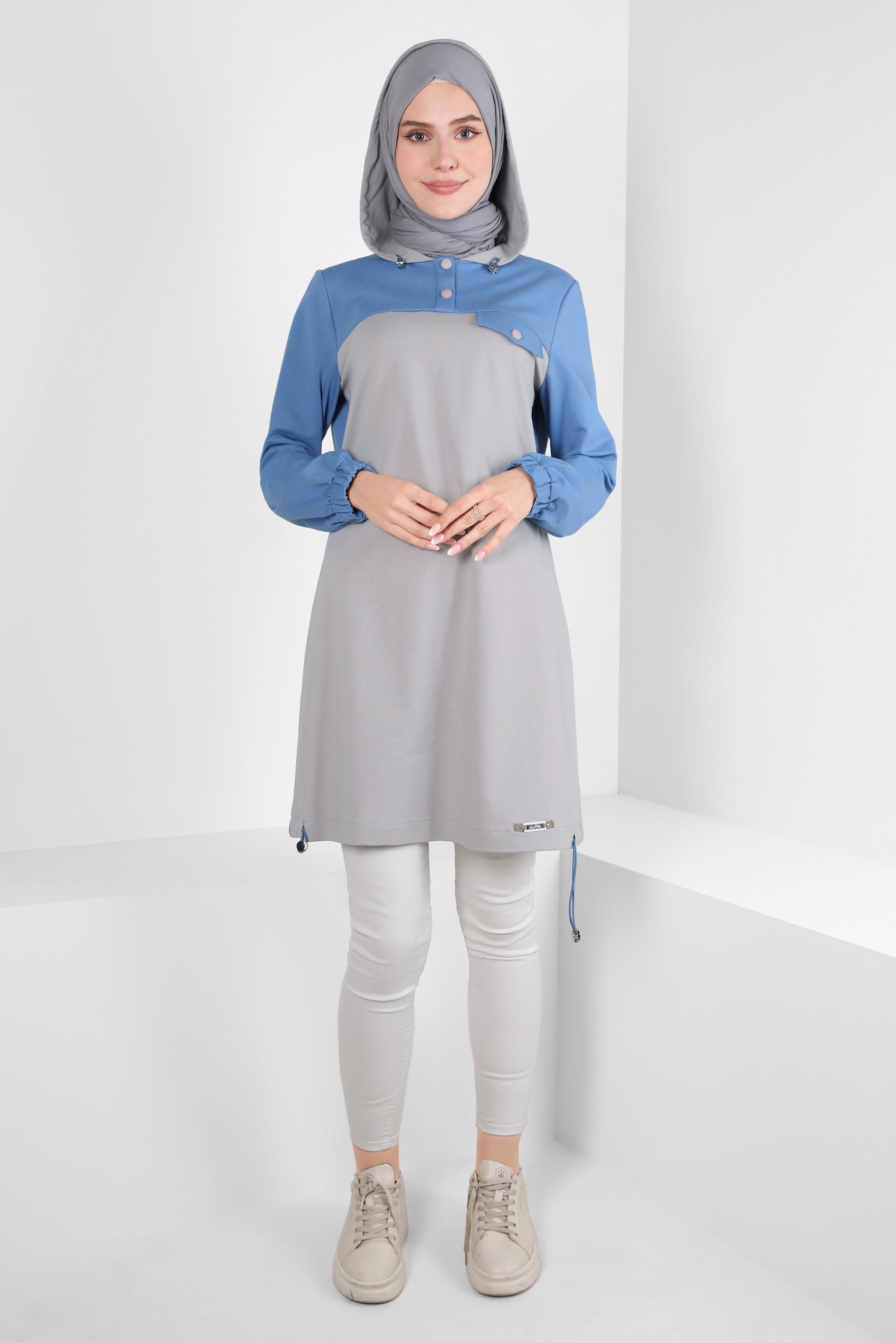 Tesettür giyim MAVİ KAPÜŞONLU EŞOFMAN TUNİK 44126
