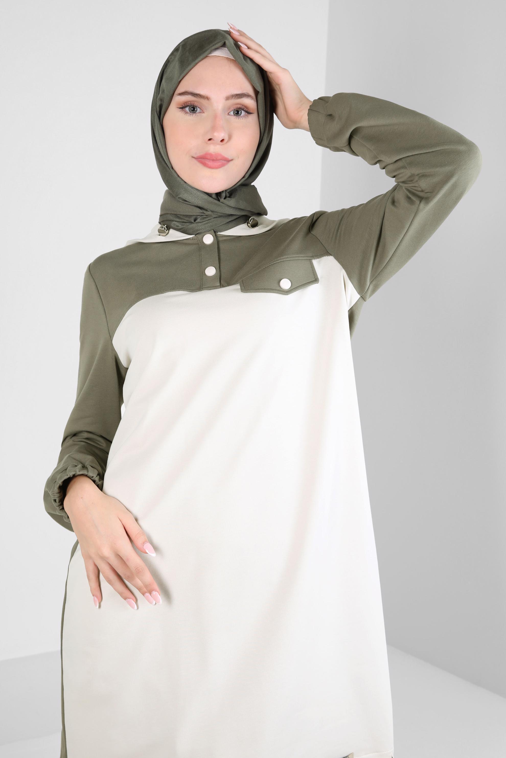 Tesettür giyim YEŞİL KAPÜŞONLU EŞOFMAN TUNİK 44126