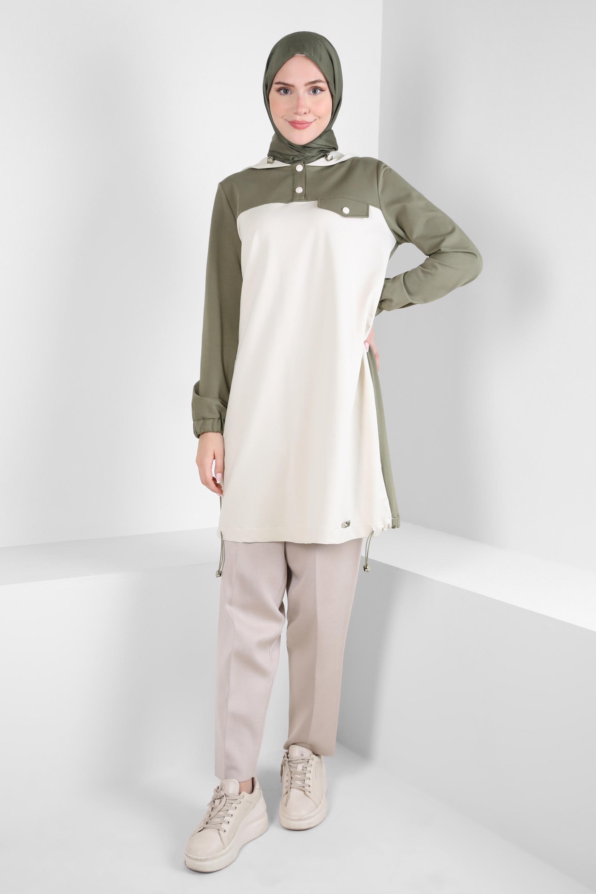 Tesettür giyim YEŞİL KAPÜŞONLU EŞOFMAN TUNİK 44126