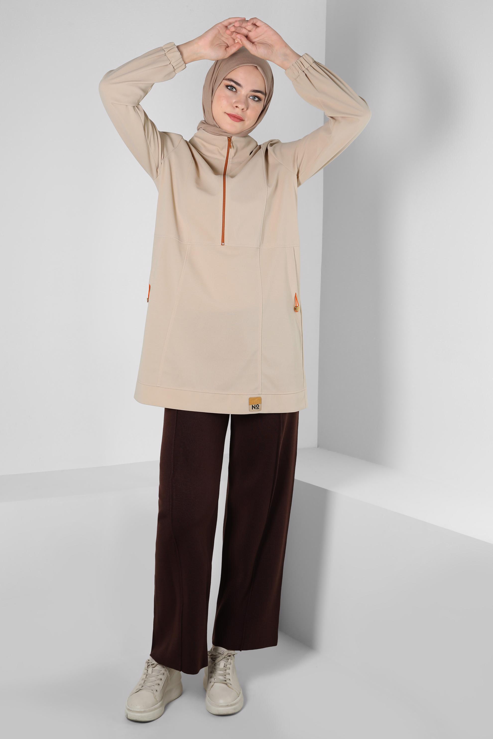 Tesettür giyim EKRU FERMUARLI EŞOFMAN TUNİK 44146