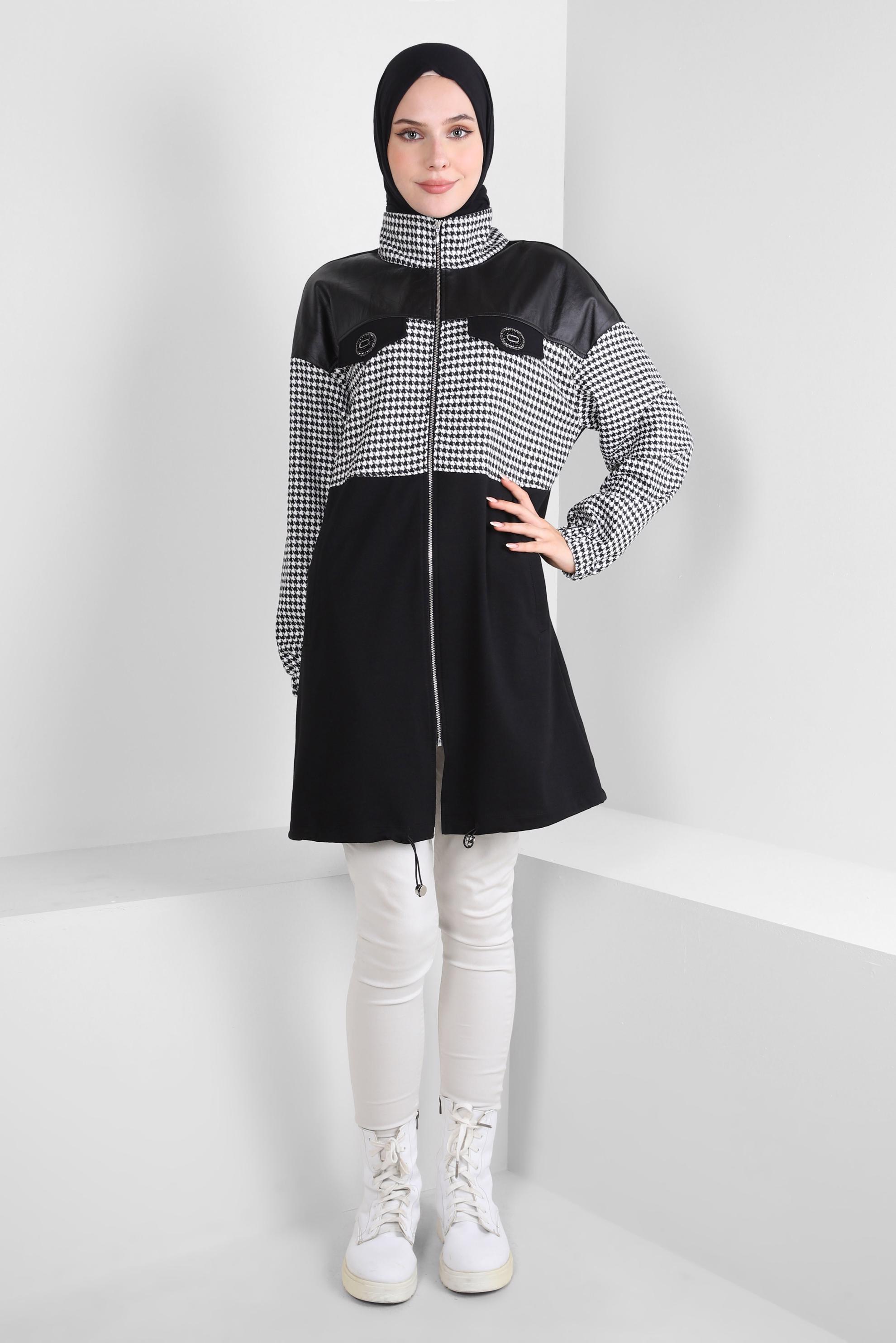 Tesettür giyim SİYAH KAZAYAĞI DESENLİ EŞOFMAN TUNİK 44181