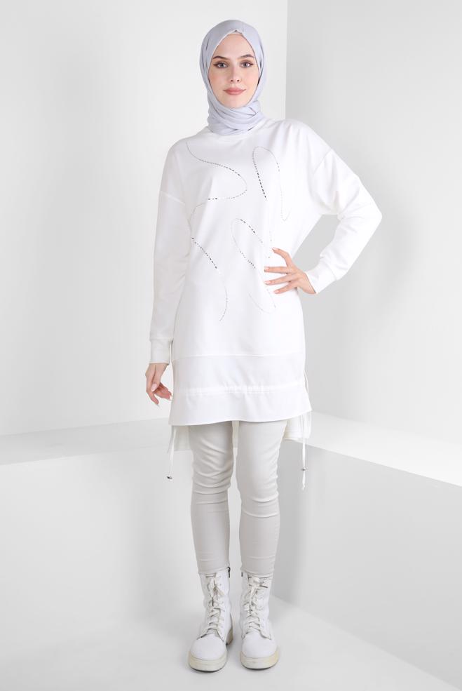 Tesettür giyim BEYAZ TAŞ BASKILI EŞOFMAN TUNİK 44182 - ALVİNA