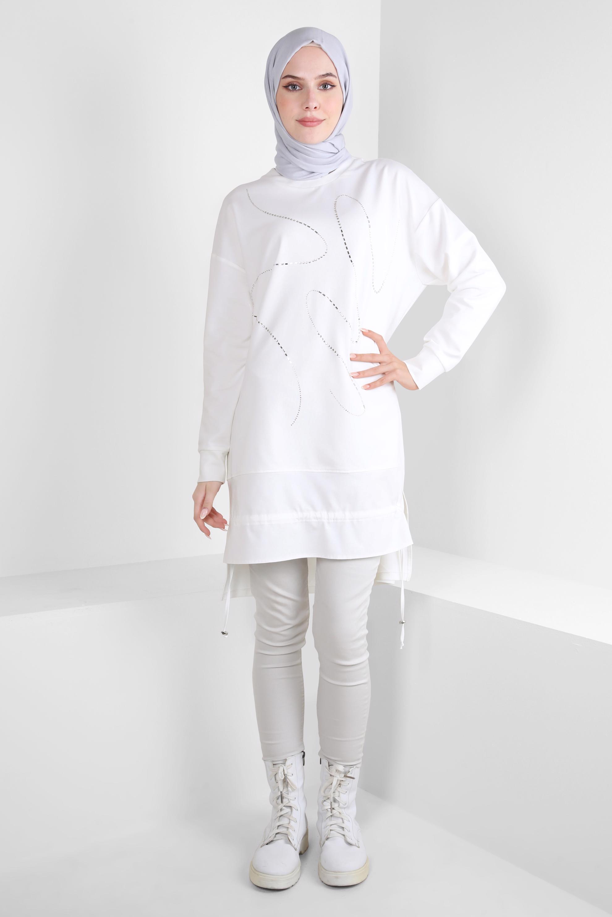 Tesettür giyim BEYAZ TAŞ BASKILI EŞOFMAN TUNİK 44182