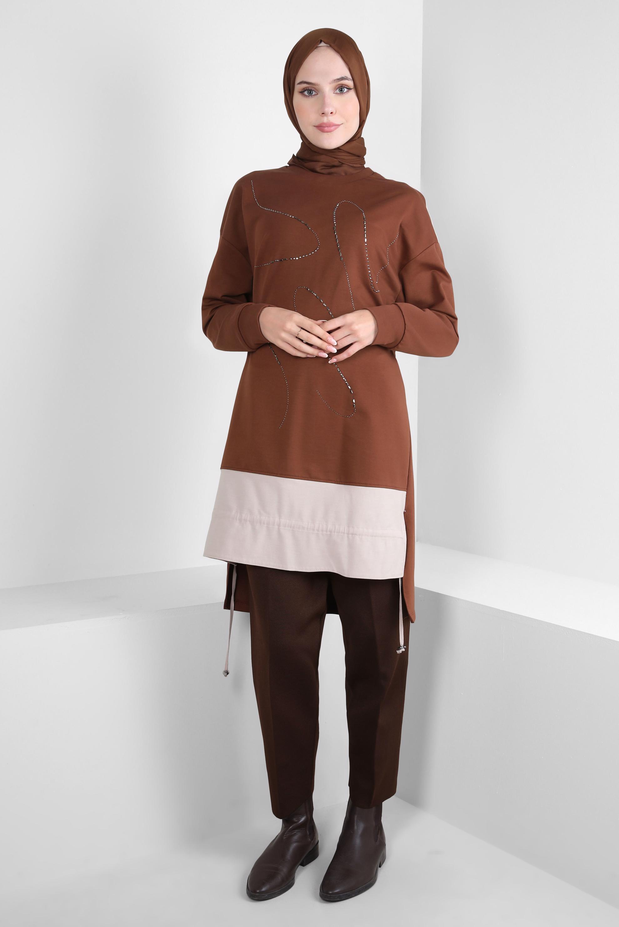 Tesettür giyim KAHVE TAŞ BASKILI EŞOFMAN TUNİK 44182