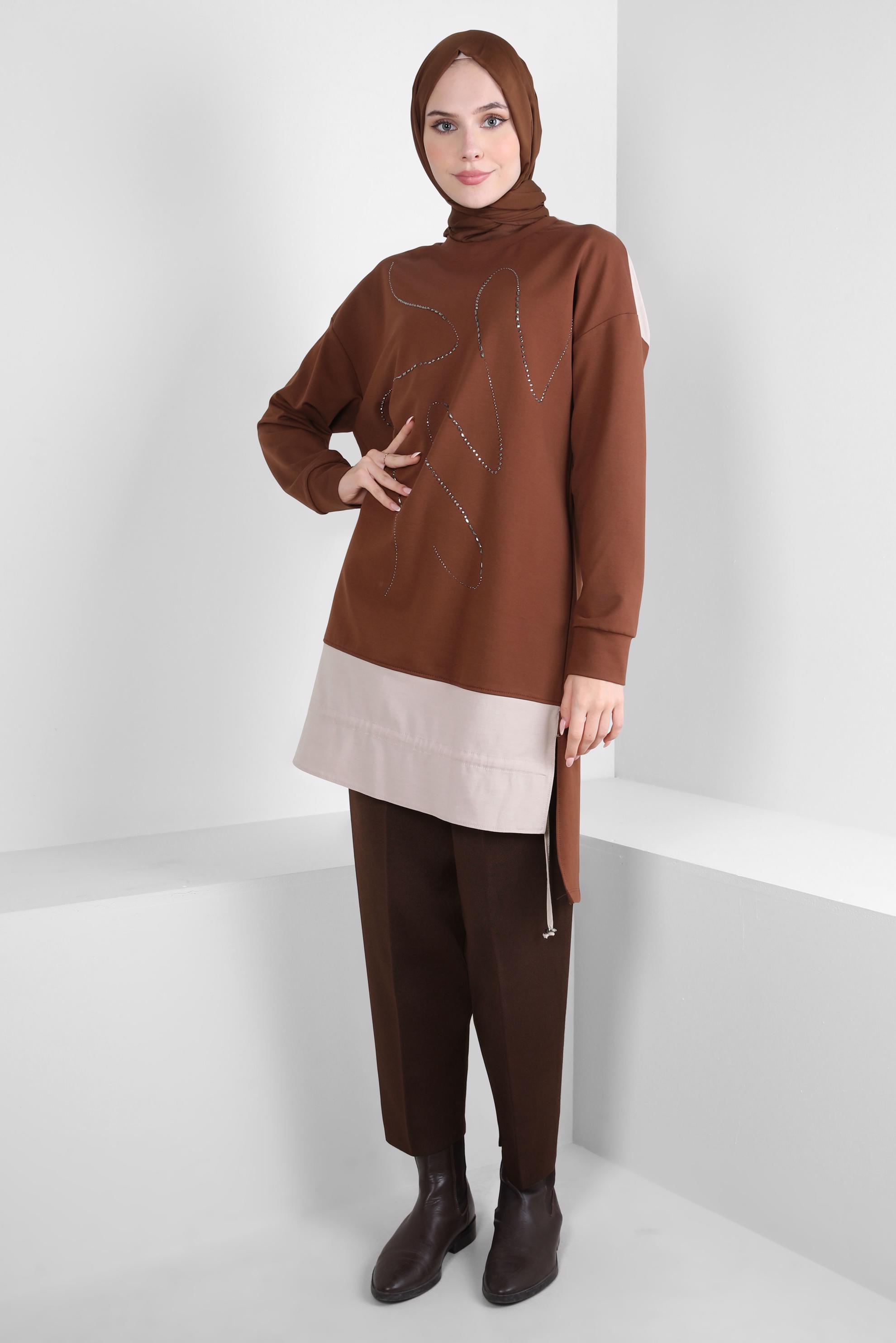 Tesettür giyim KAHVE TAŞ BASKILI EŞOFMAN TUNİK 44182