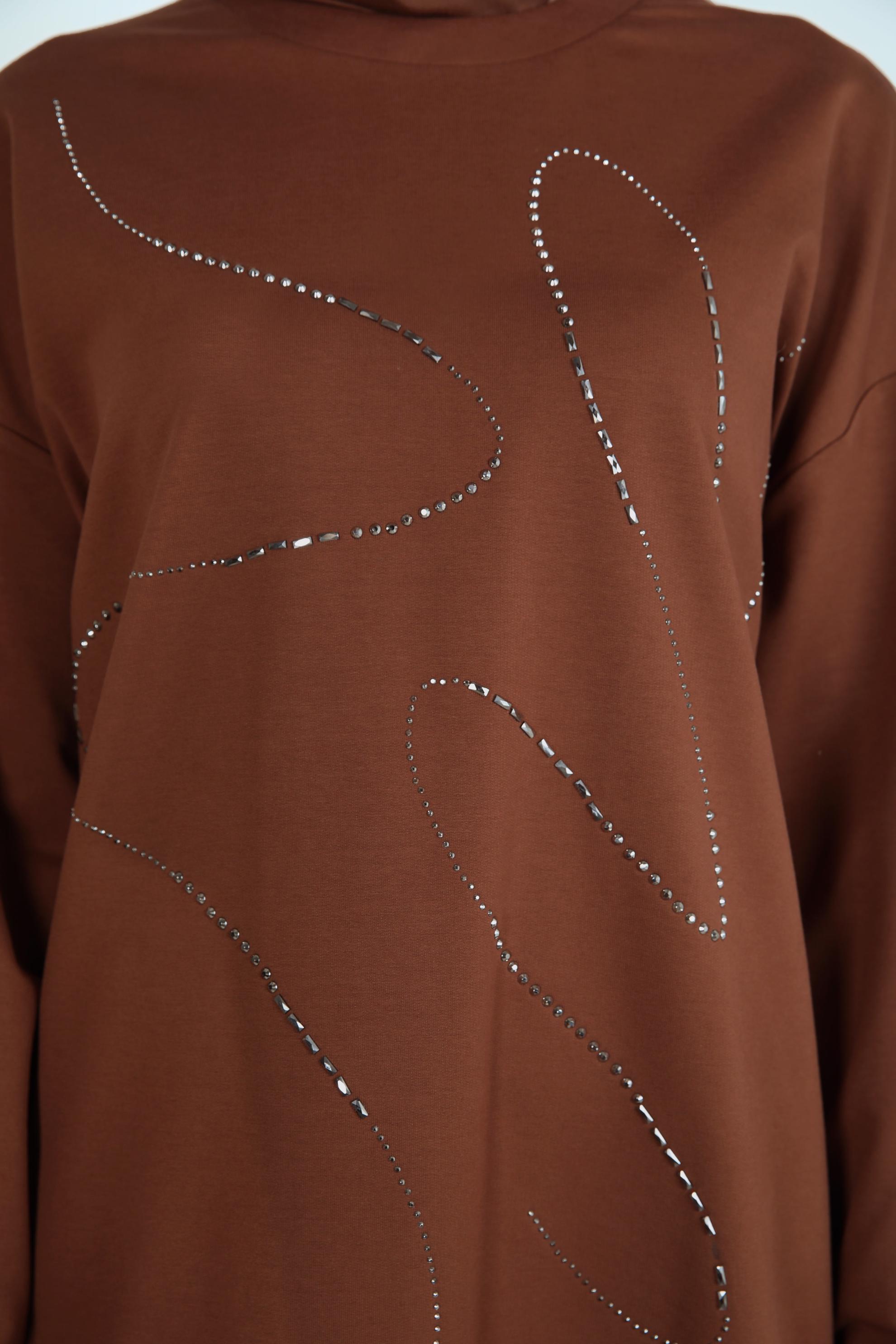 Tesettür giyim KAHVE TAŞ BASKILI EŞOFMAN TUNİK 44182