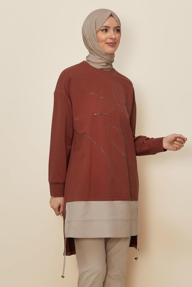 Vêtements hijab ORANGE TUNIQUE DE SURVÊTEMENT AVEC GEMME 44182 - ALVİNA